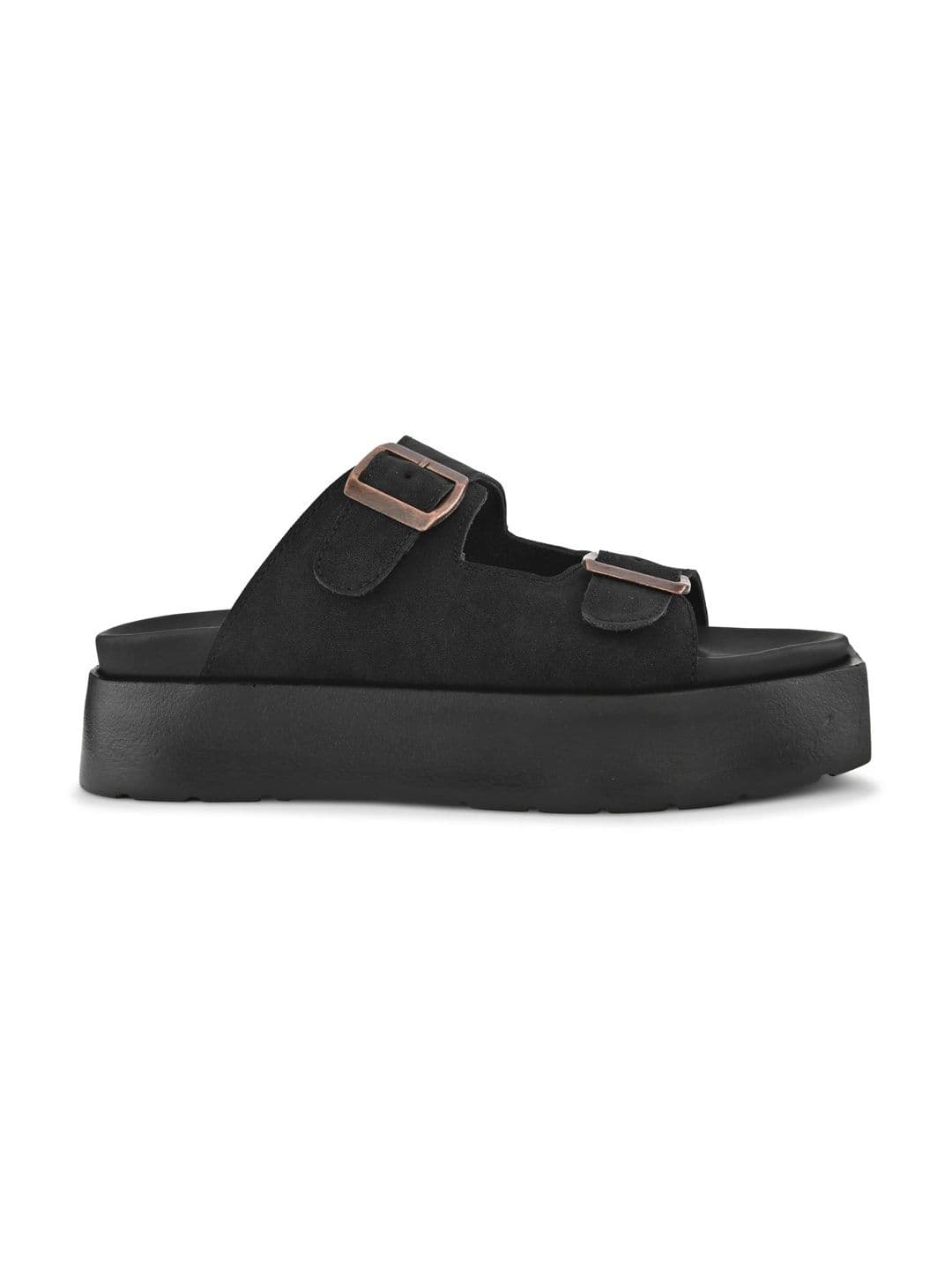 San Frissco Men Black Suede Double Buckle Sandals with Cushioned Footbed & Chunky Sole thumbnail 4