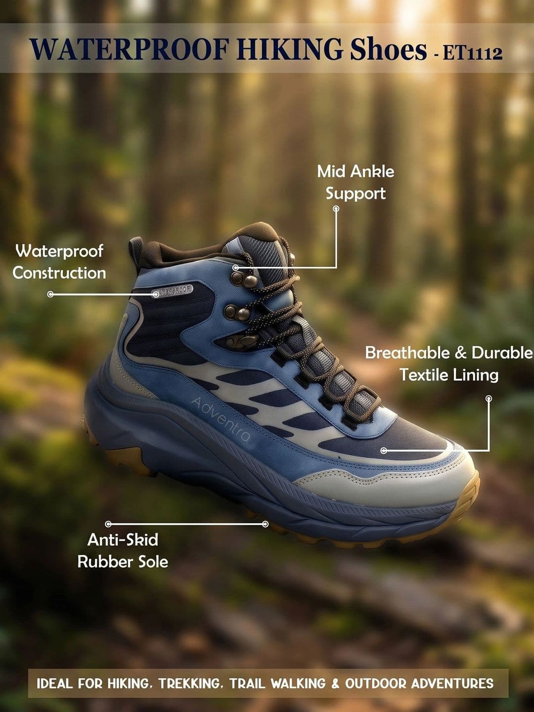 Adventra Sports Waterproof Mid Ankle Hiking Shoes with Anti-Skid Rubber Sole ET1112 Blue thumbnail 2
