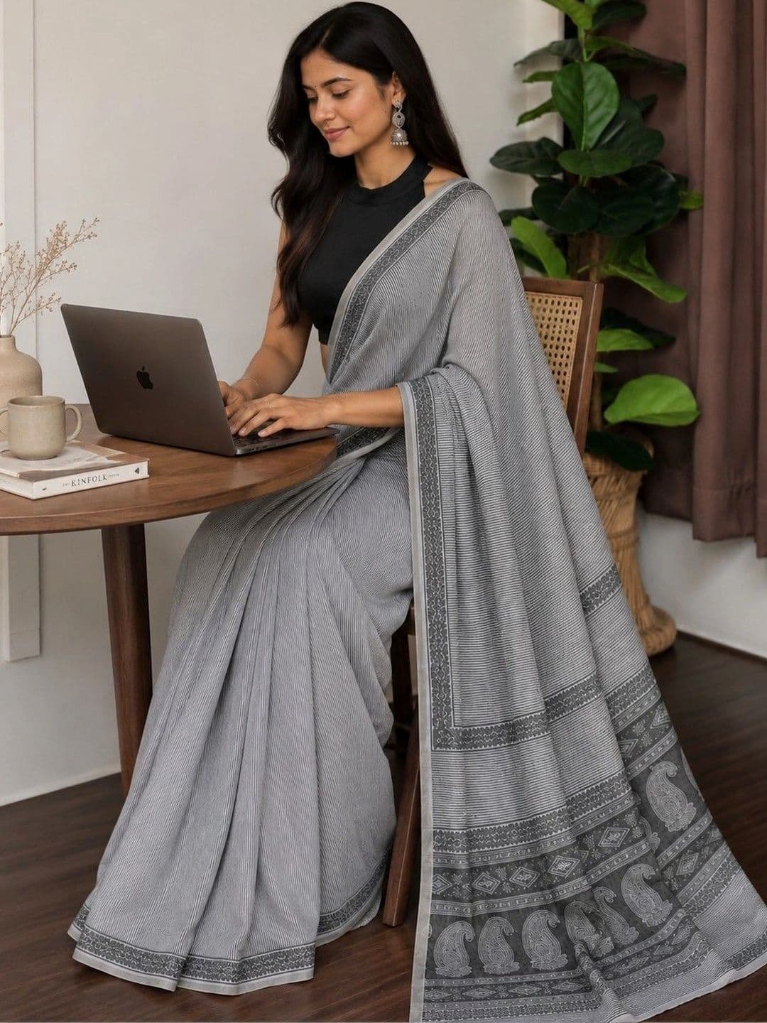 AARYAN SAREES White Striped Pure Linen Saree thumbnail 4
