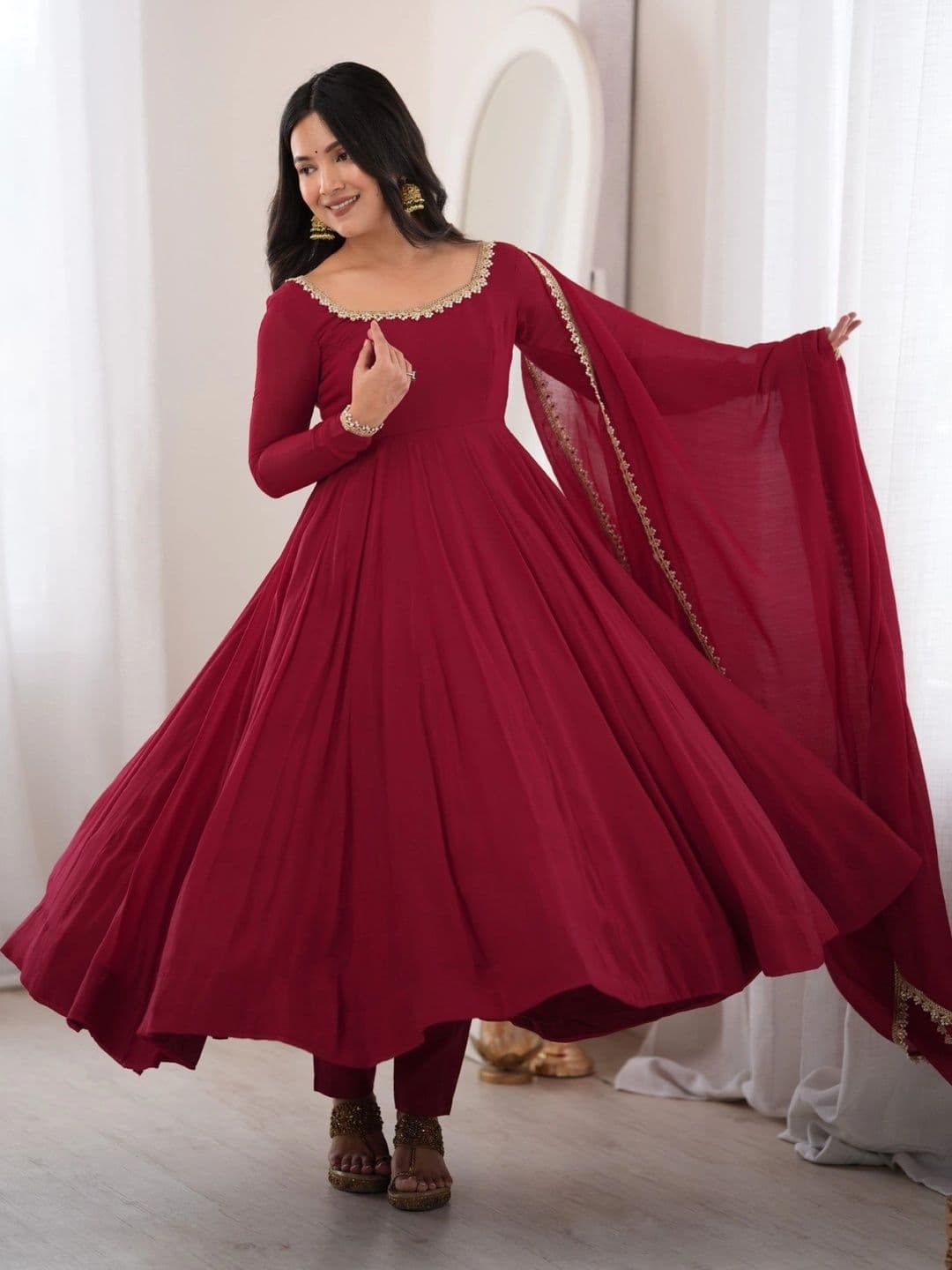Sangria Women Empire Gotta Patti Chanderi Cotton Kurta with Trousers & With Dupatta thumbnail 7