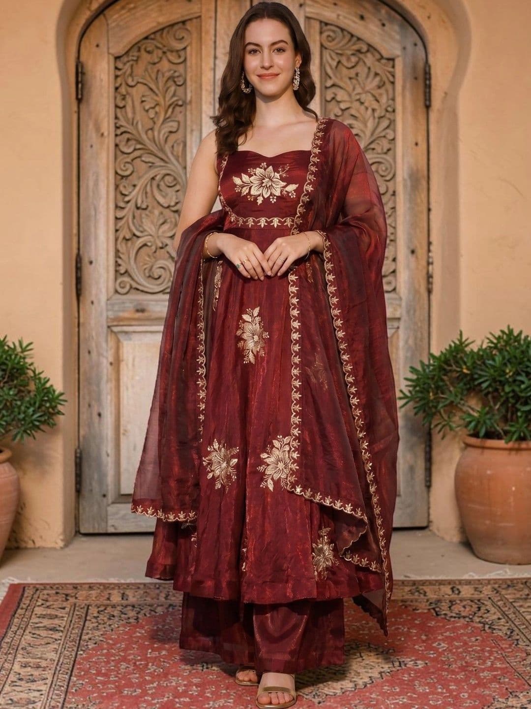KALINI Women Floral Embroidered Empire Thread Work Kurta with Palazzos & With Dupatta thumbnail 4