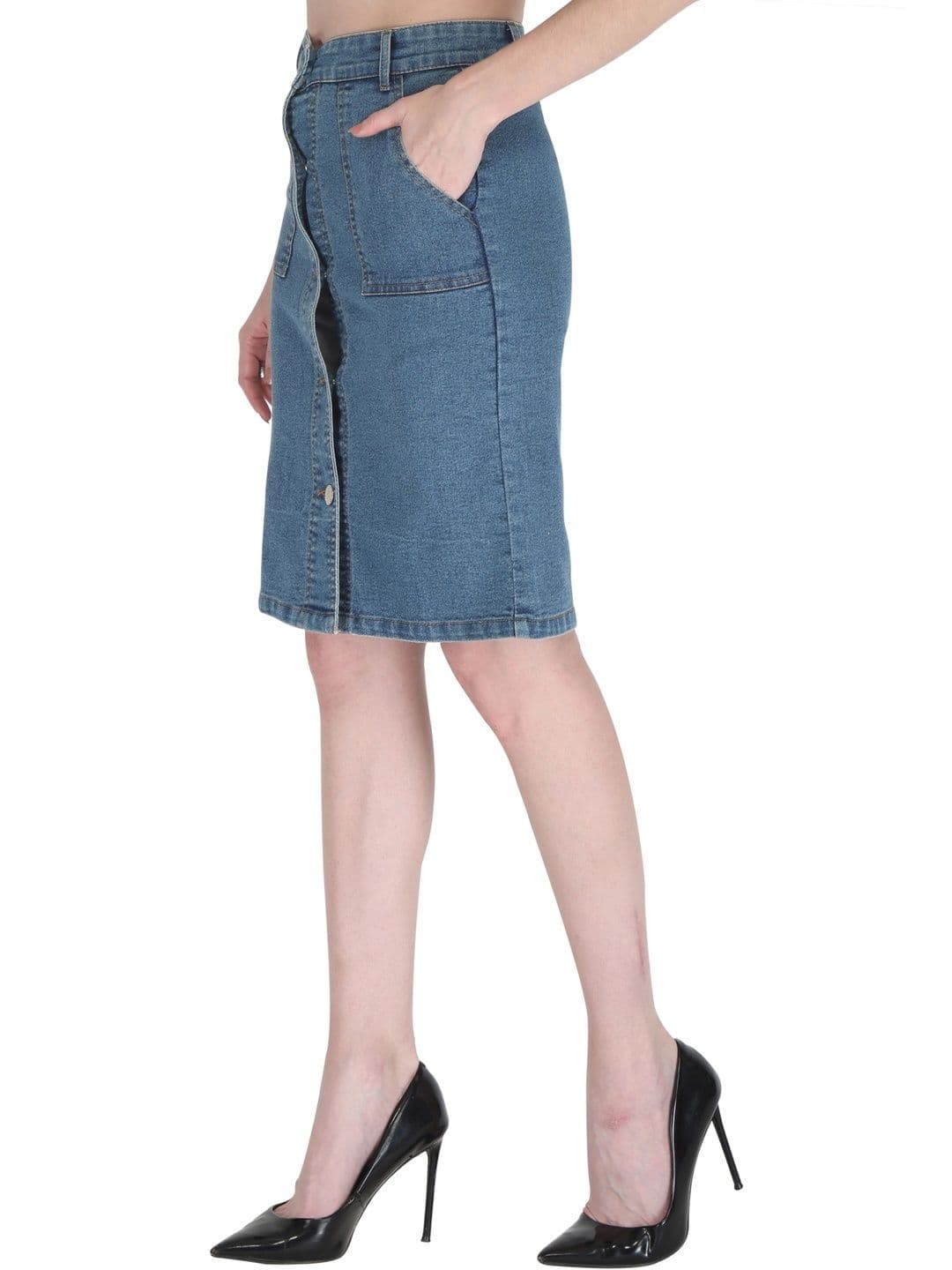 Peptrends Women Denim Knee Length A-Line Skirt thumbnail 2
