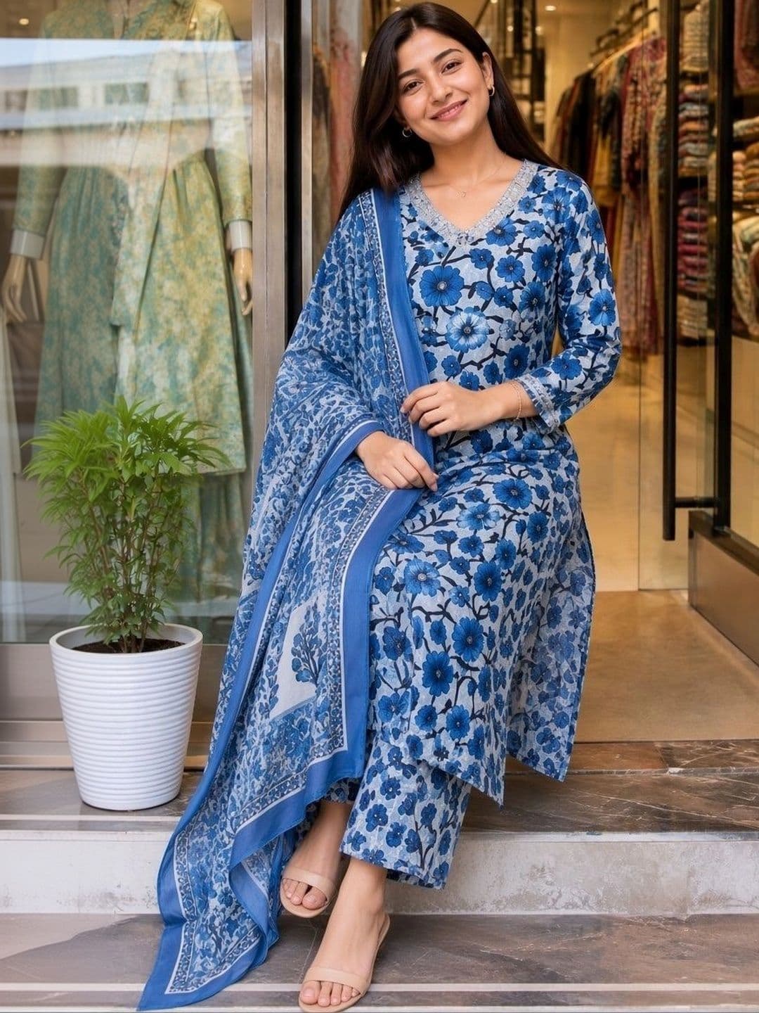 KALINI Women Floral Printed Regular Kurta with Palazzos & With Dupatta thumbnail 2