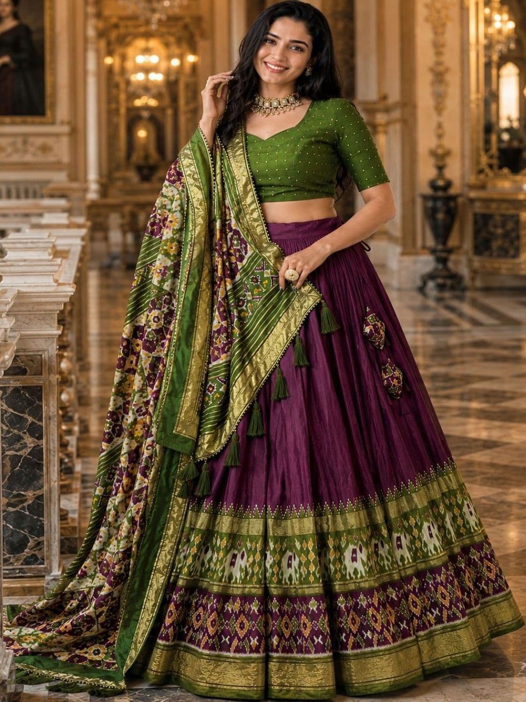 House of Pataudi Thread Work Ikat Semi-Lehenga & Unstitched Blouse With Dupatta thumbnail 4