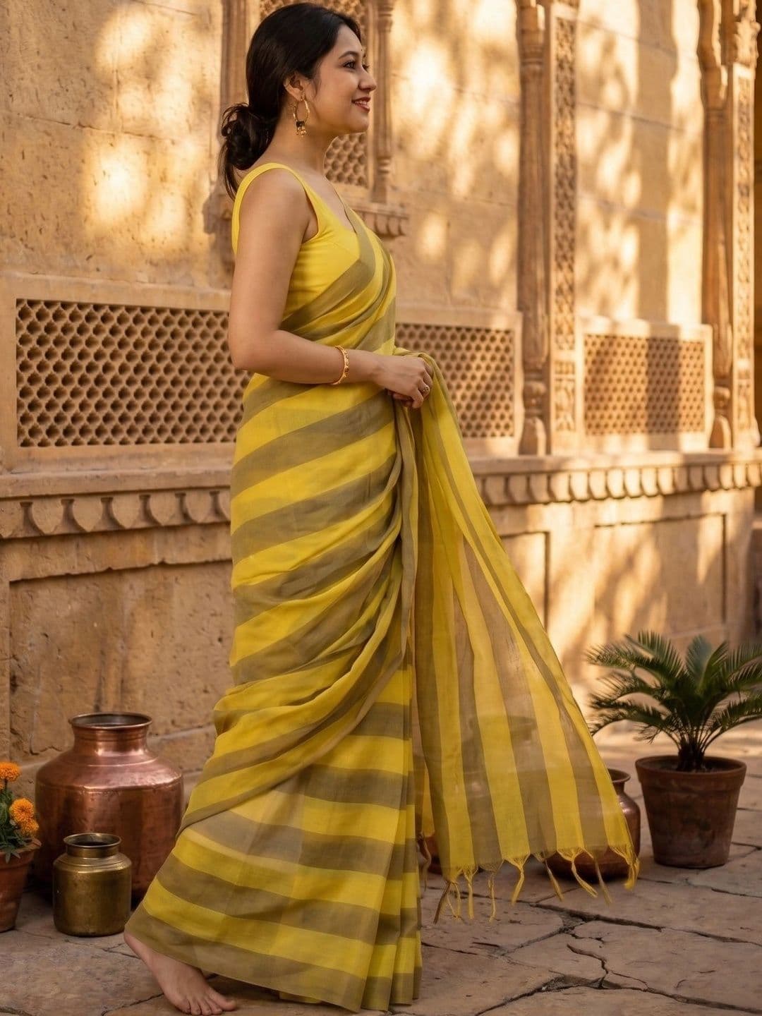RUTVA FASHION Striped Zari Linen Blend Saree thumbnail 4