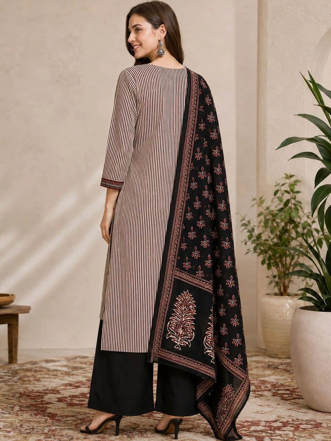 Anouk Women Striped Regular Pure Cotton Kurta with Palazzos & With Dupatta thumbnail 5