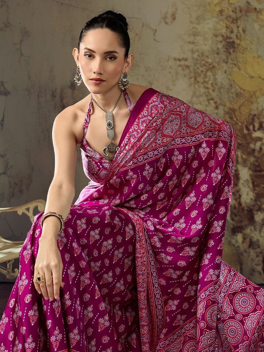 Sangria Ajrak Block Satin Designer Block Print Saree thumbnail 7