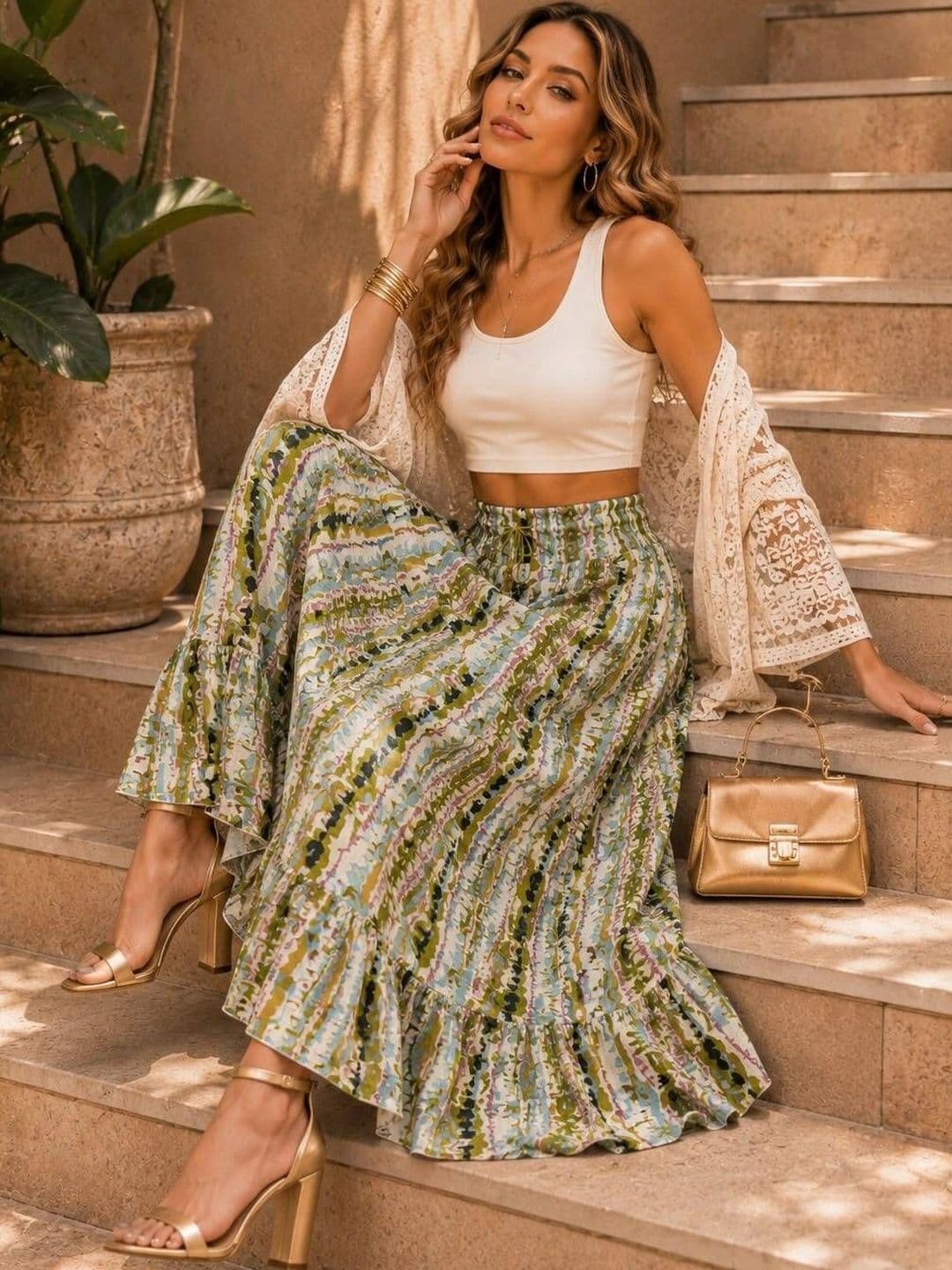 TNQ Women Crepe Abstract Maxi Flared Skirt thumbnail 2