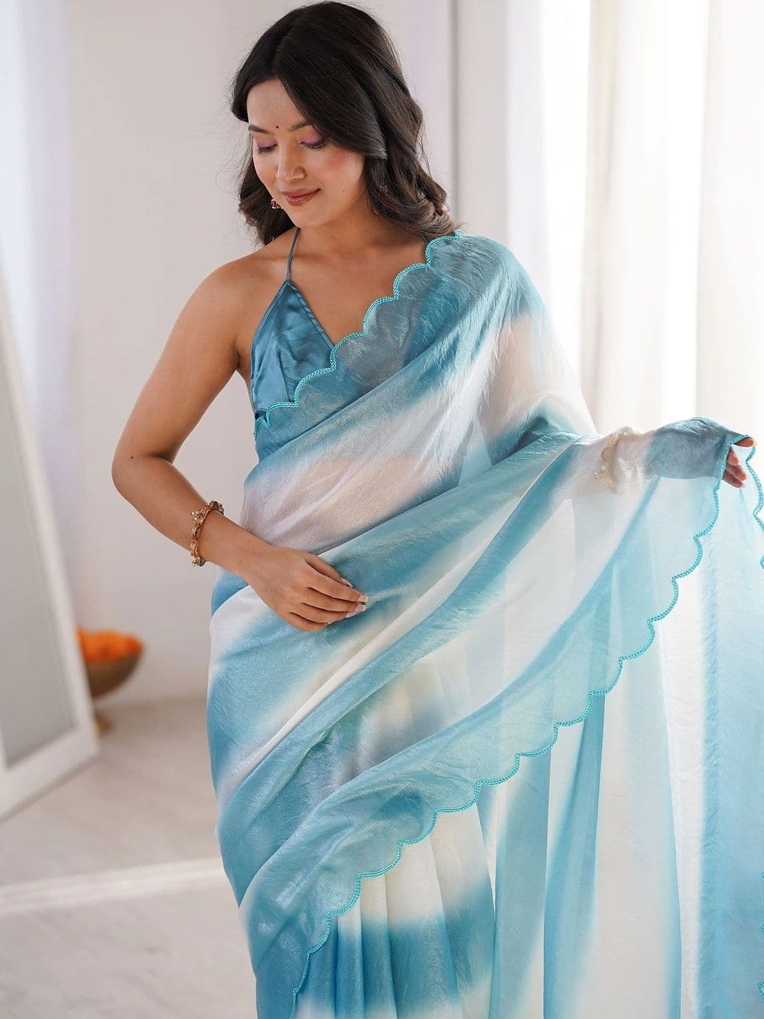 Nayanthara Trends Striped Satin Designer Saree thumbnail 3