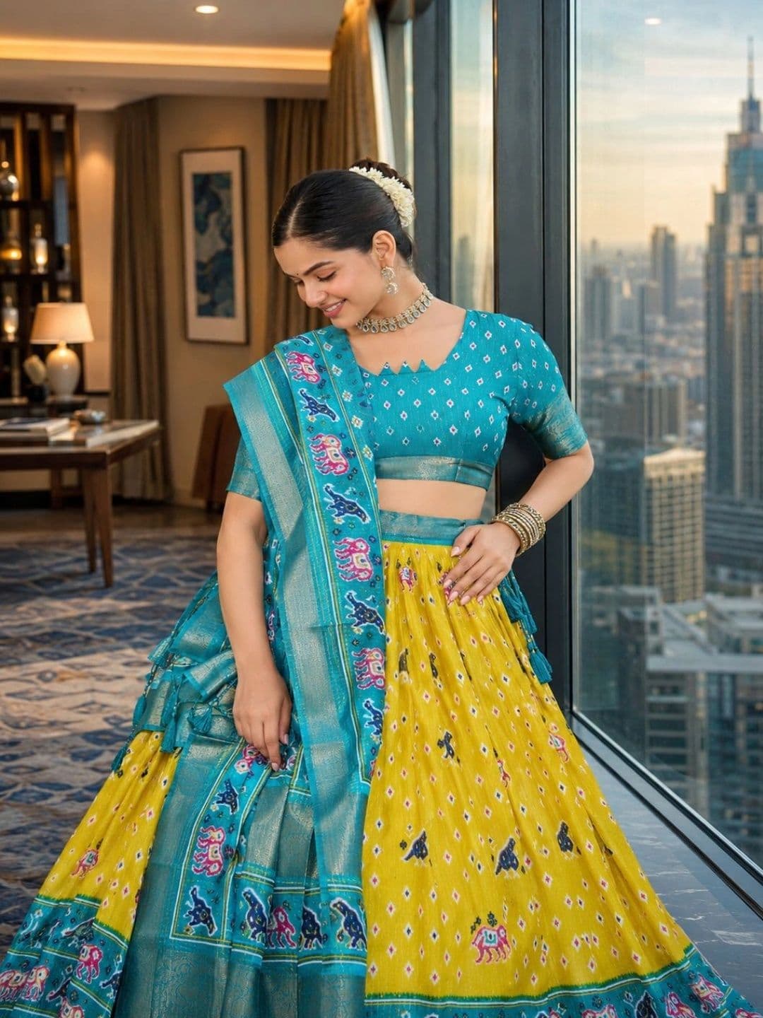 House of Pataudi Ikat Semi-Stitched Lehenga & Unstitched Blouse With Dupatta thumbnail 3