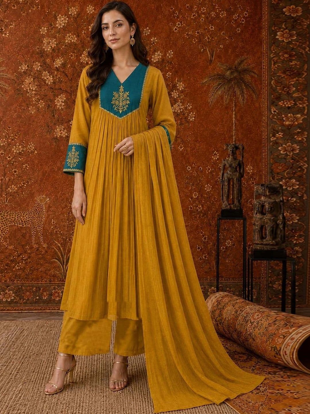 Sangria Women Ethnic Motifs Embroidered Empire Thread Work Kurta with Palazzos & With Dupatta thumbnail 4