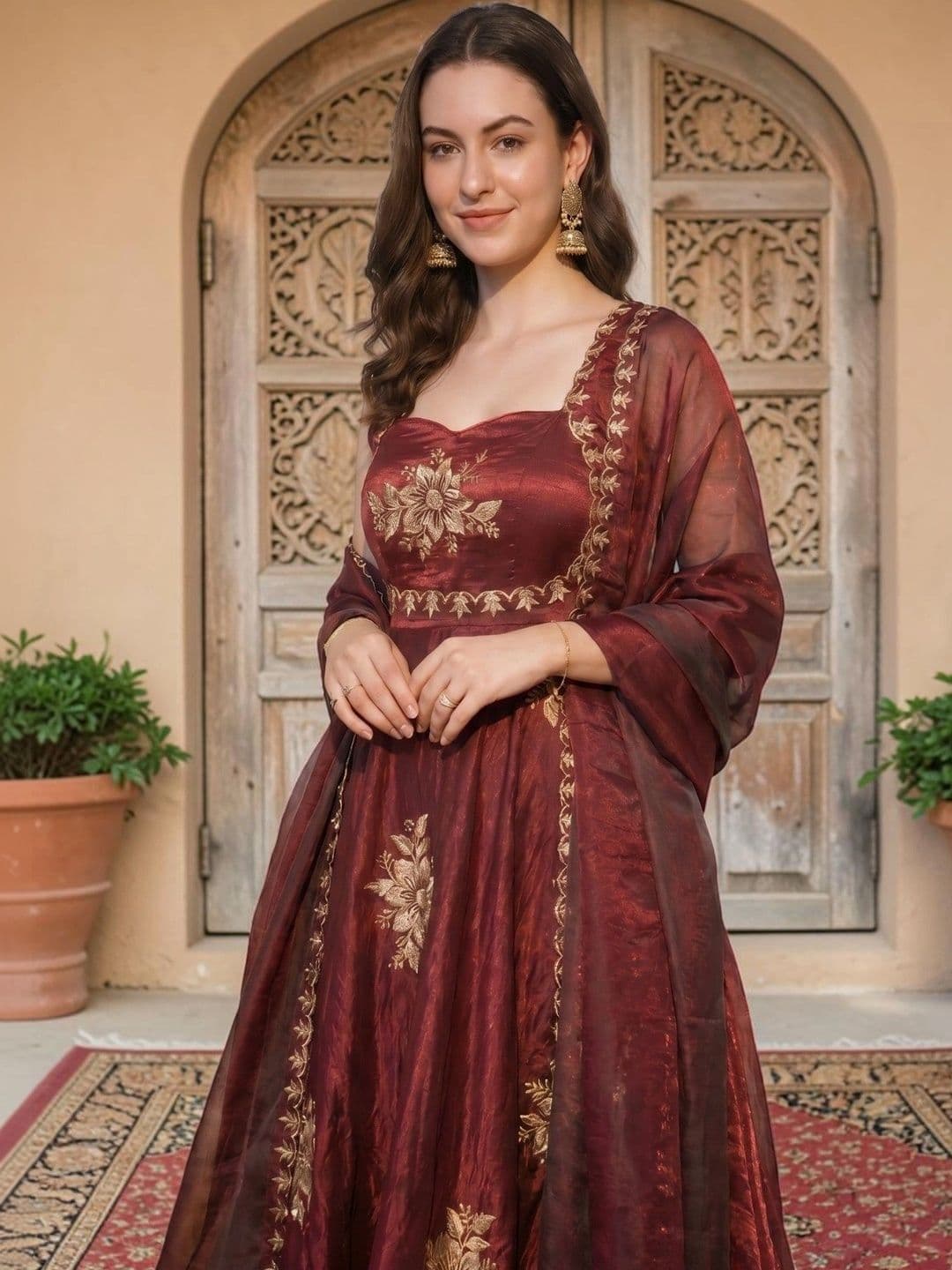 KALINI Women Floral Embroidered Empire Thread Work Kurta with Palazzos & With Dupatta thumbnail 6
