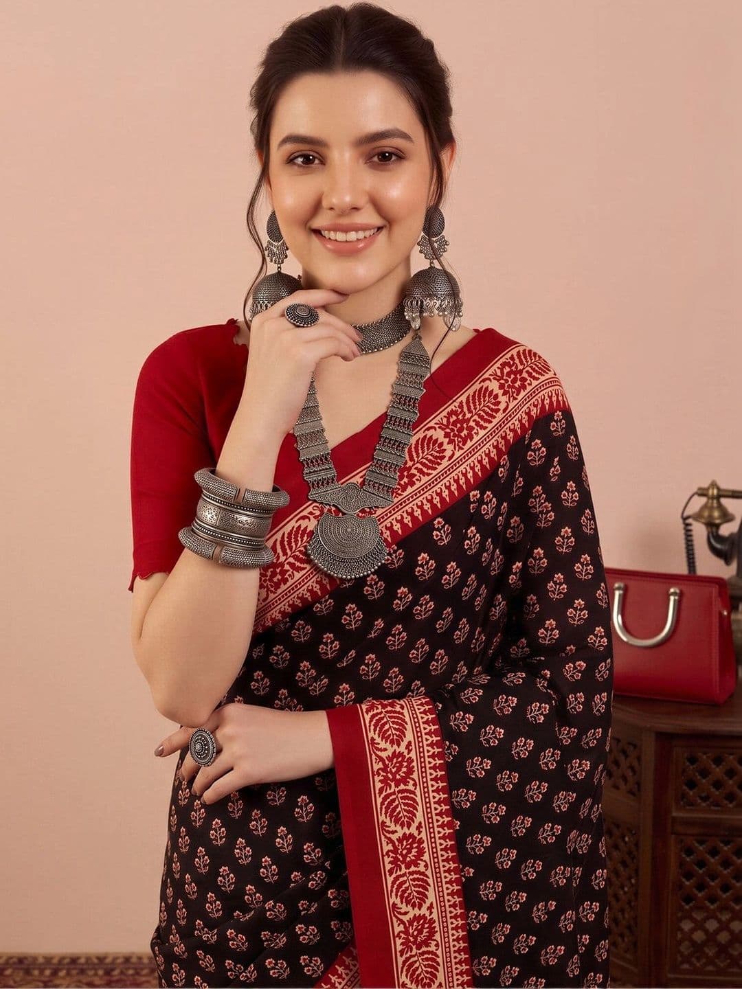 Anouk Floral Silk Blend Designer Dabu Saree thumbnail 3