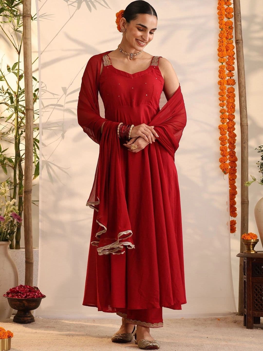 Khushal K Women Ethnic Motifs Embroidered Sequinned Pure Cotton Kurta with Trousers & With Dupatta thumbnail 5