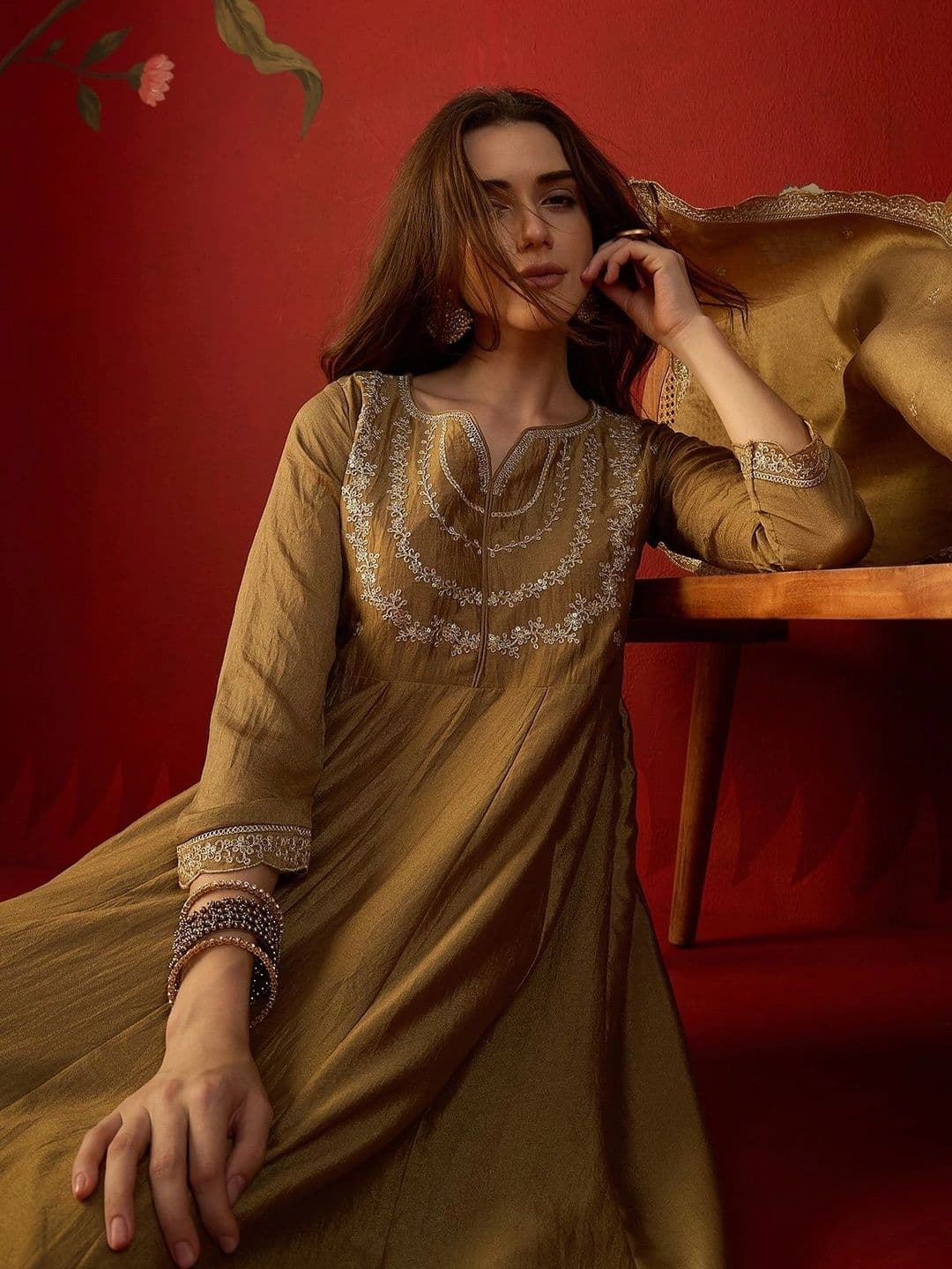 Sangria Women Ethnic Motifs Embroidered Regular Thread Work Kurta with Trousers & With Dupatta - view 1