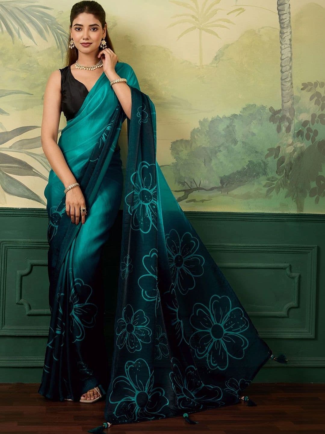 Panzora Floral Satin Designer Saree thumbnail 2