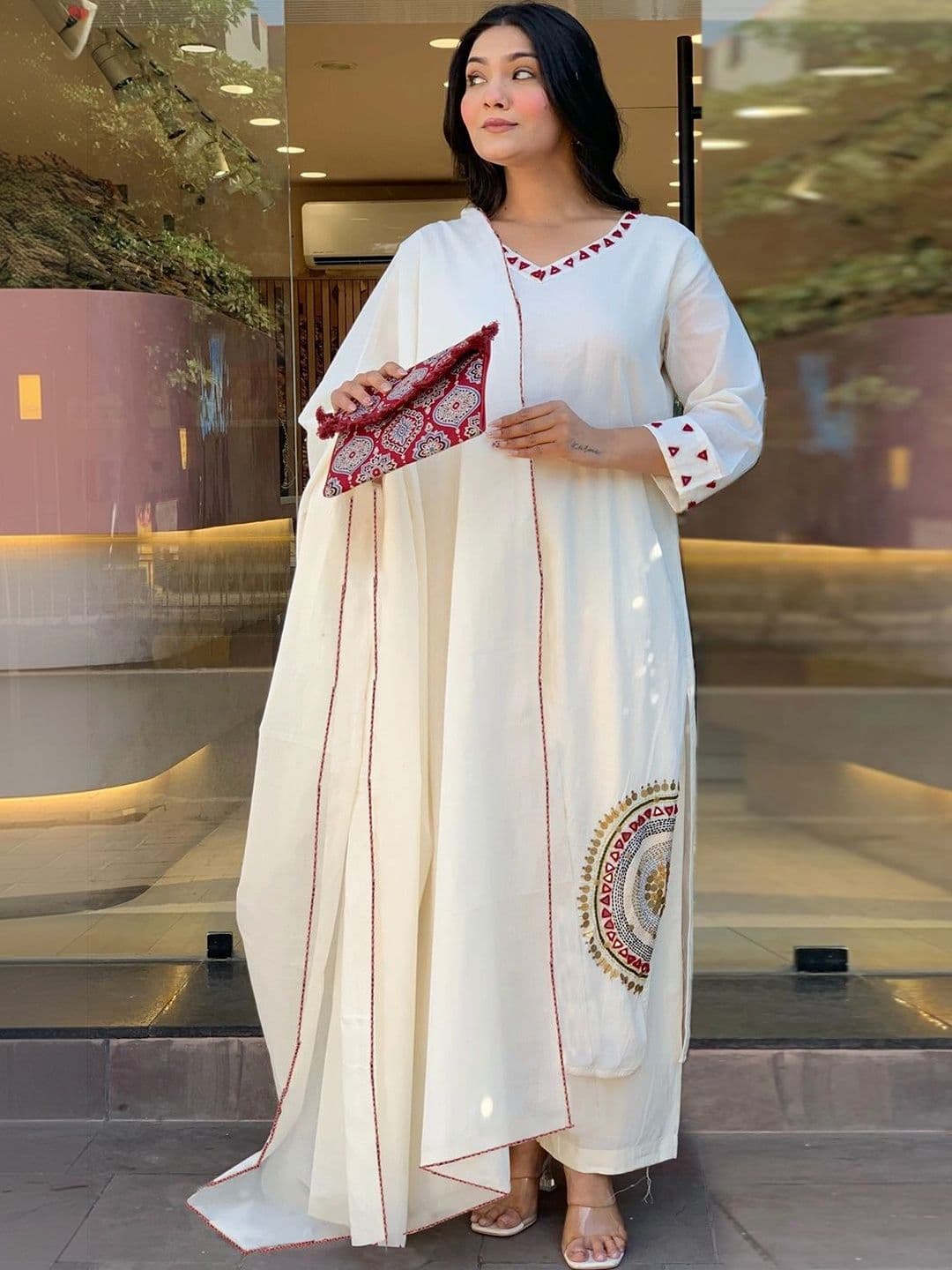 GoSriKi Women Ethnic Motifs Embroidered Regular Thread Work Kurta with Palazzos & With Dupatta thumbnail 6