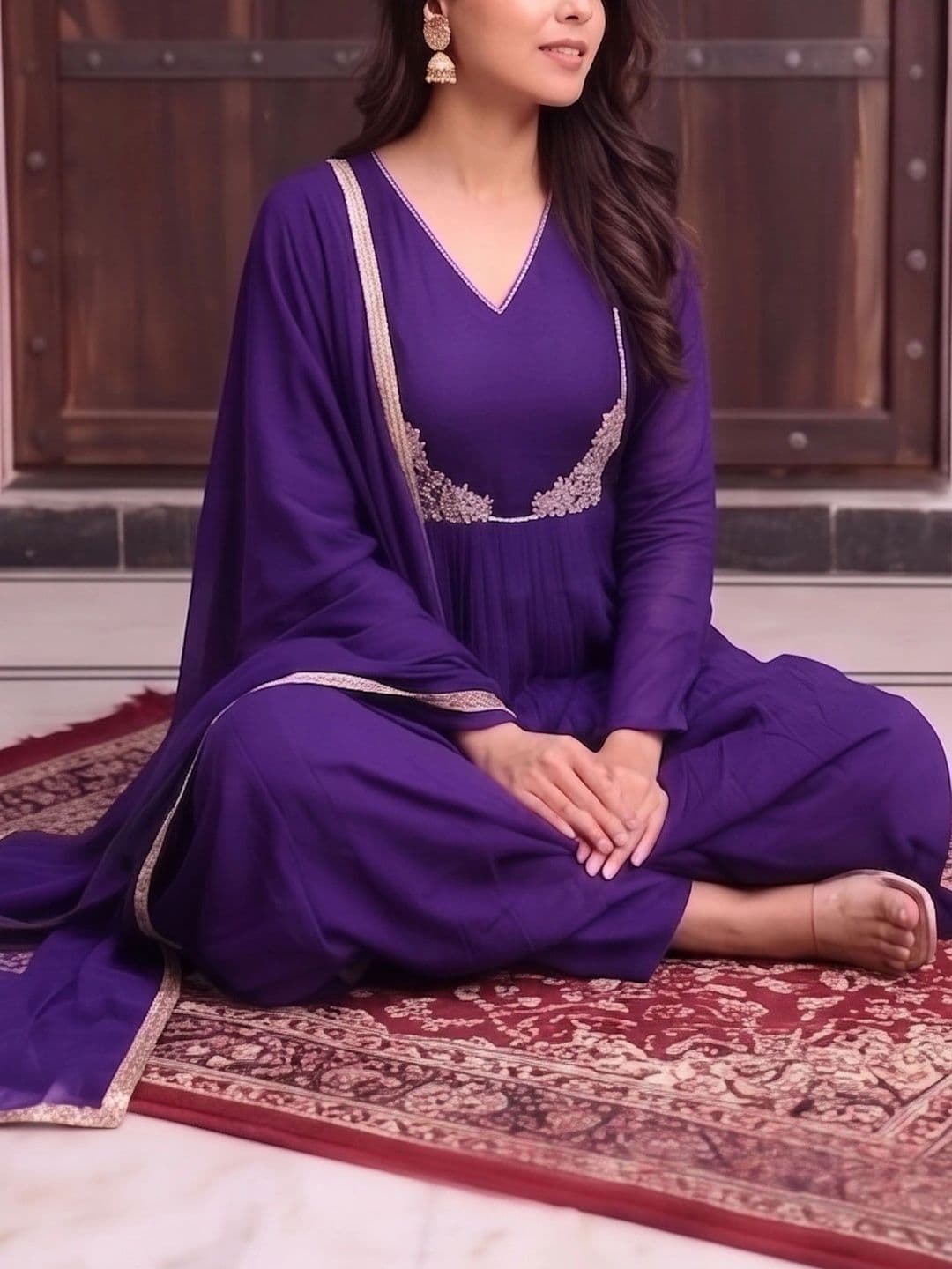 Zoomera Women Ethnic Motifs Embroidered Empire Chanderi Silk Kurta with Trousers & With Dupatta thumbnail 3