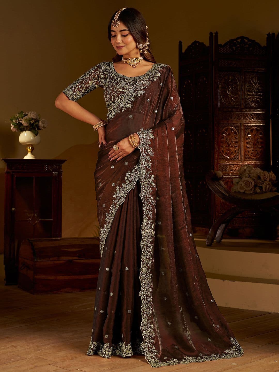GRUHNAREE Embellished Embroidered Satin Saree thumbnail 5