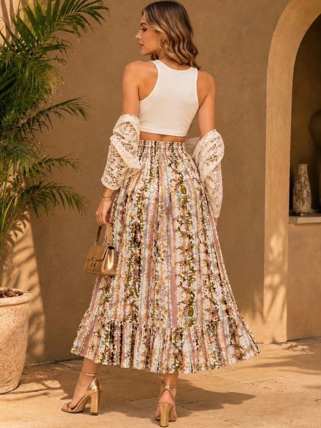TNQ Women Crepe Tie and Dye Midi Flared Skirt thumbnail 4