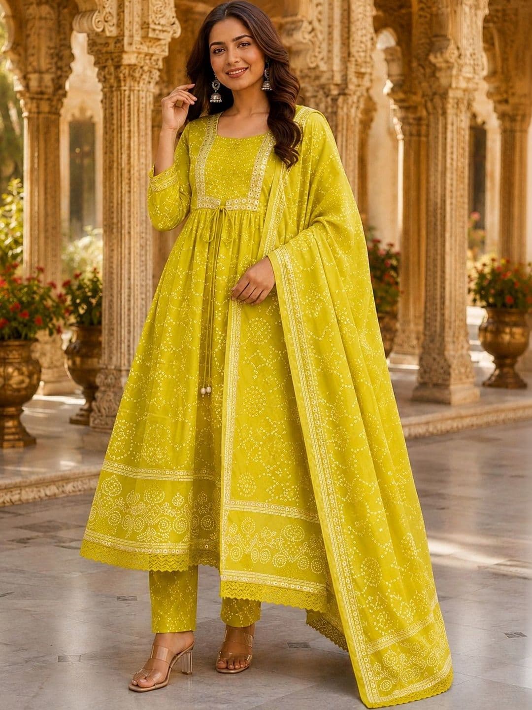 UNISETS Women Ethnic Motifs Printed Regular Thread Work Pure Cotton Kurta with Trousers & With Dupatta - view 1