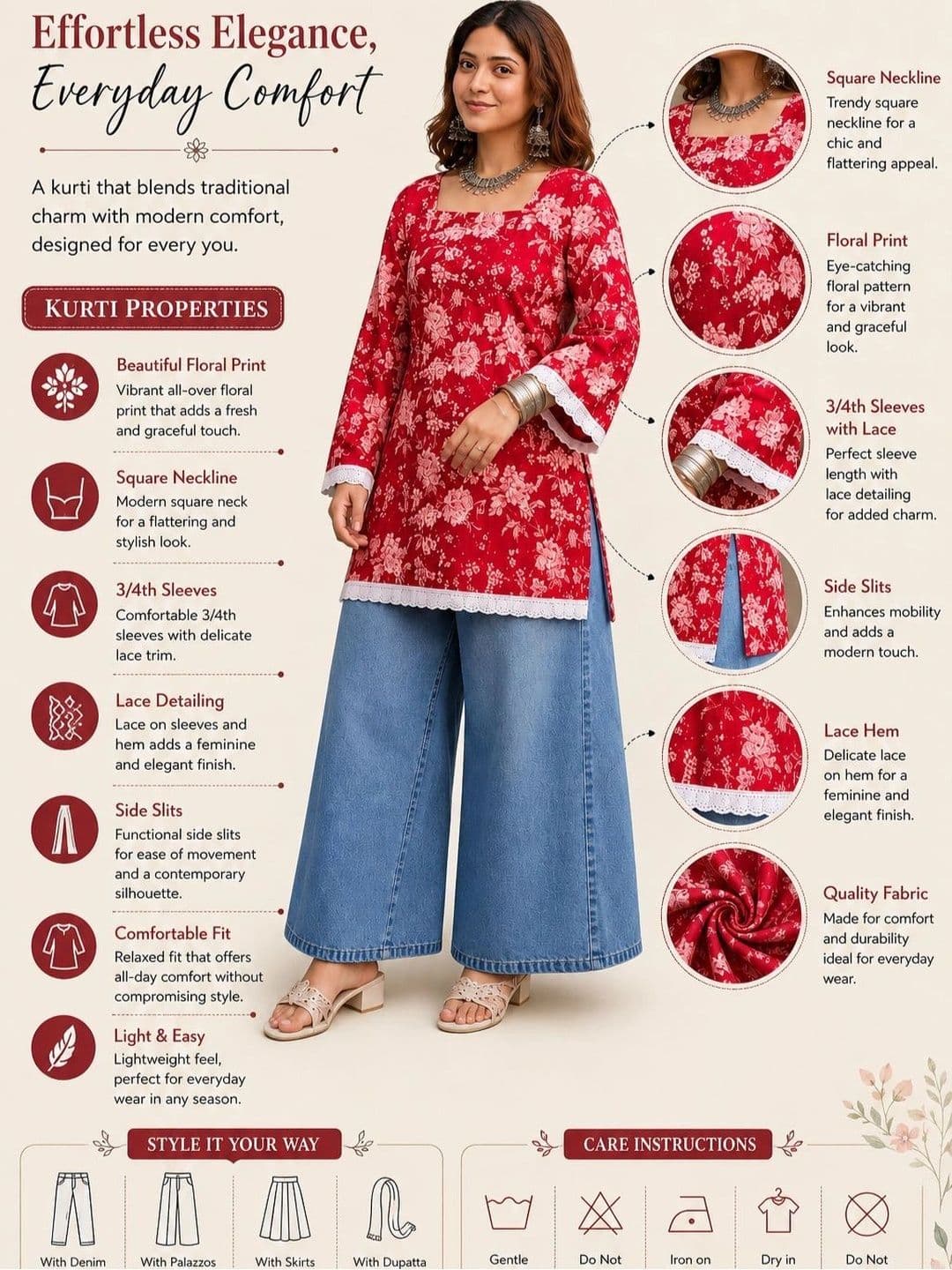 KALINI Floral Printed Square Neck Pure Cotton Kurti thumbnail 5