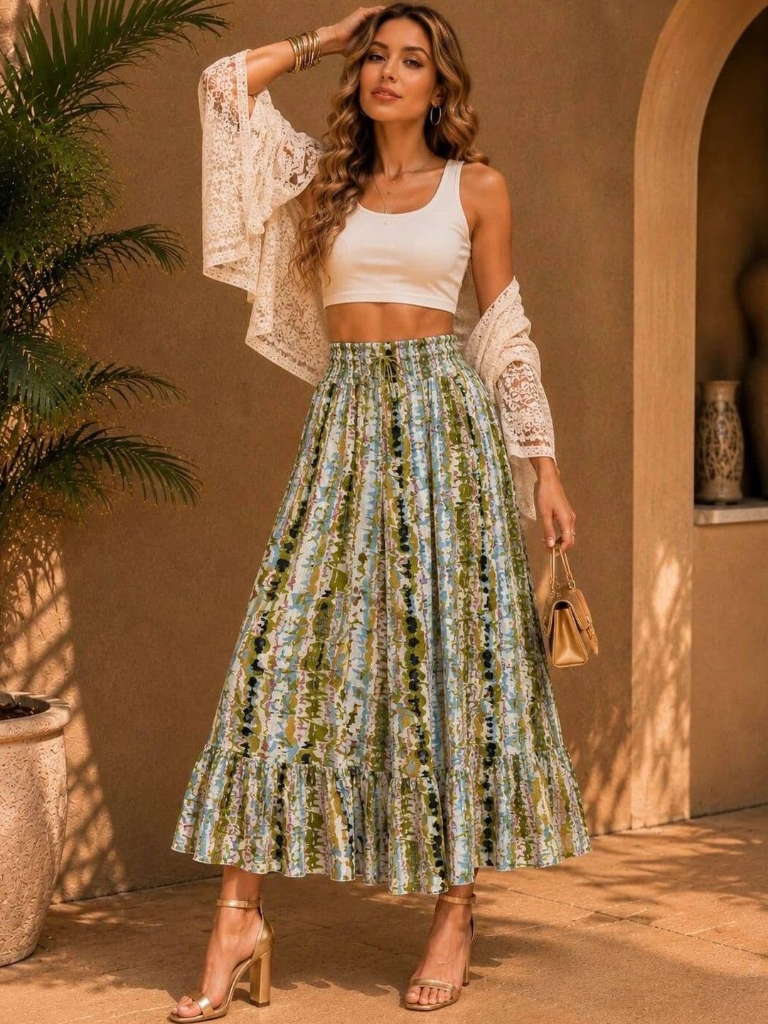 TNQ Women Crepe Abstract Maxi Flared Skirt thumbnail 3
