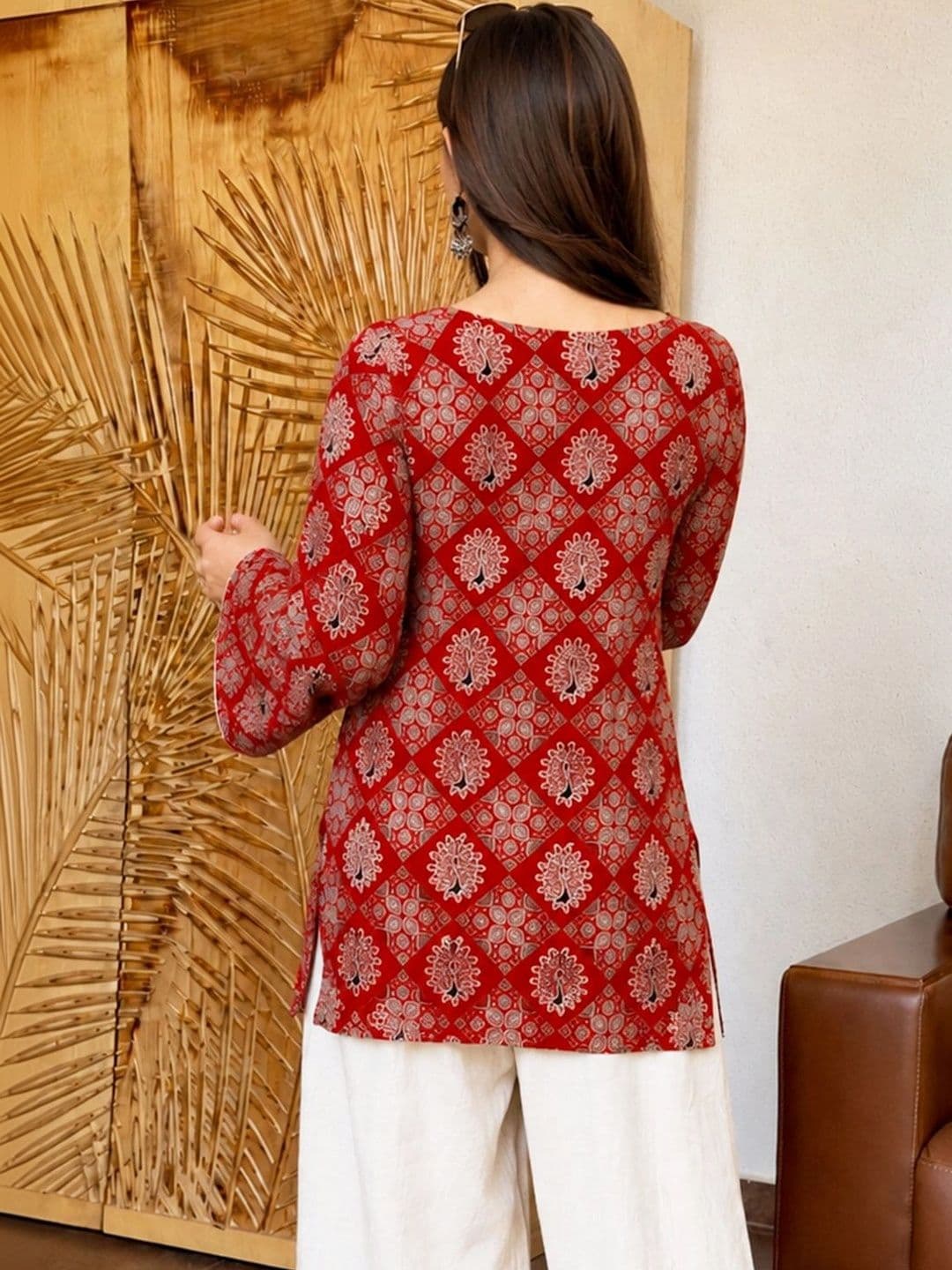 Sangria Ethnic Motifs Printed Boat Neck Flared Sleeves Kurti thumbnail 4