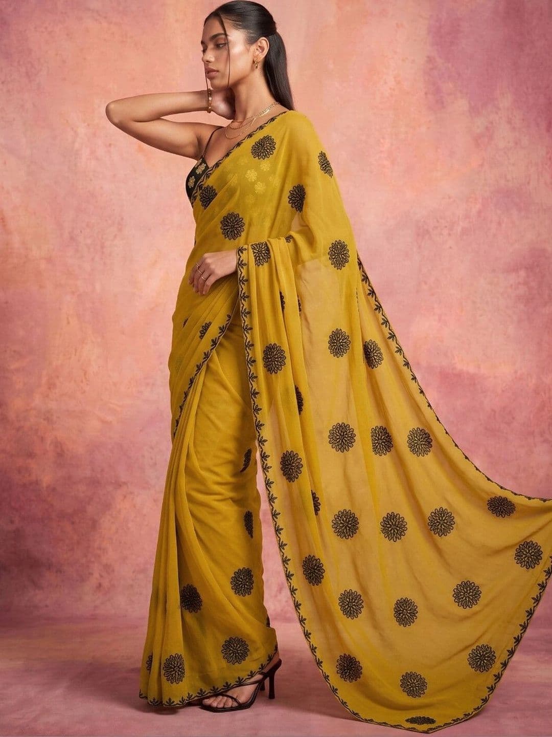 KINDA DESI Ethnic Motifs Embroidered Poly Georgette Fusion Saree thumbnail 6