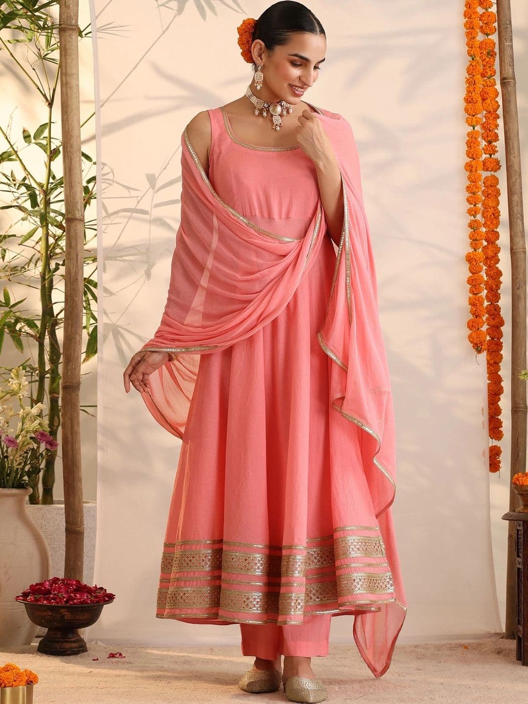 Khushal K Women Ethnic Motifs Empire Gotta Patti Pure Cotton Kurta with Trousers & With Dupatta - view 1