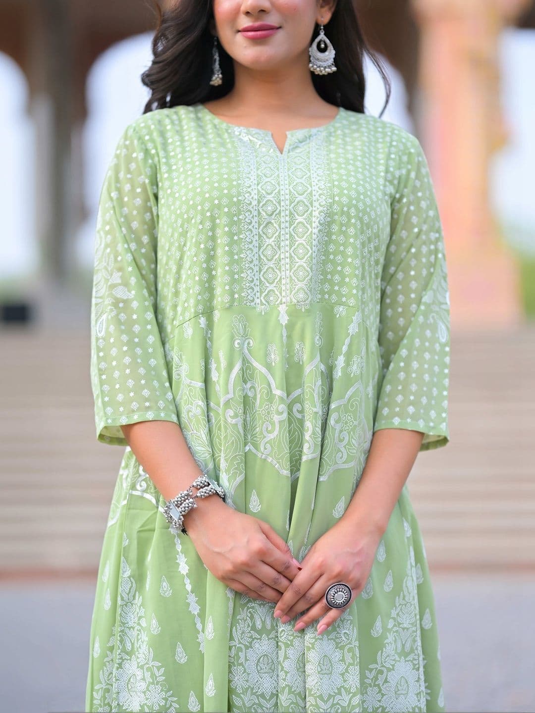 KALINI Women Geometric Printed Georgette Anarkali Kurta With Dupatta thumbnail 3