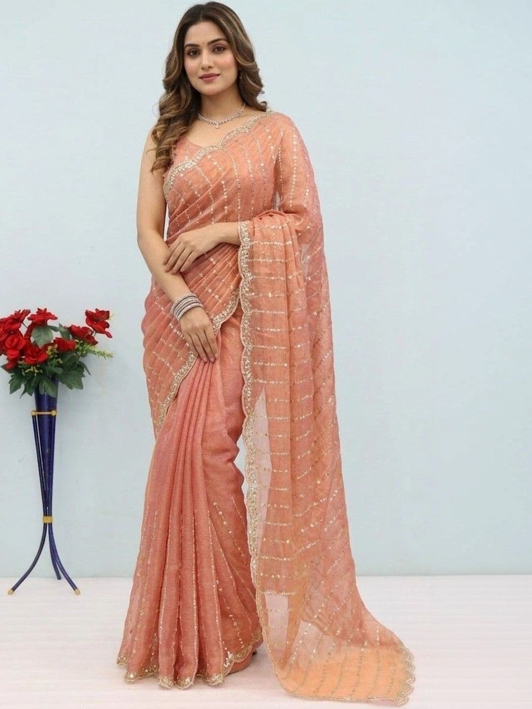 SmileyFashion Embellished Sequinned Poly Chiffon Designer Saree - view 1