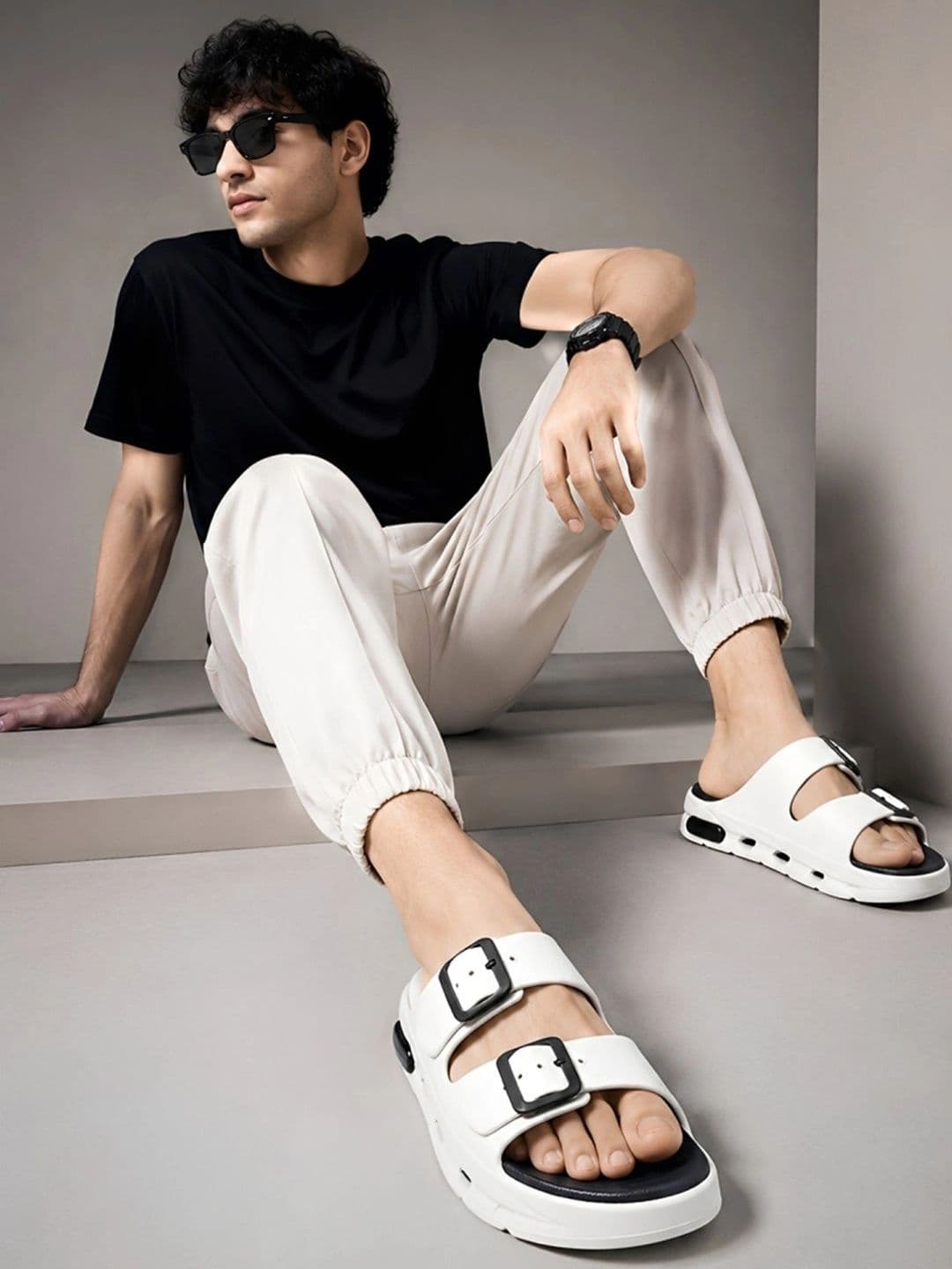 Bruton Men's White & Black Dual Buckle Straps Water-Resistant Sliders - view 1