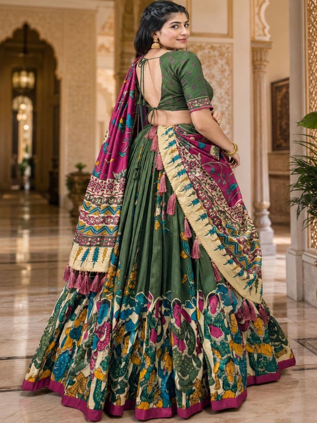 House of Pataudi Printed Kalamkari Semi-Stitched Lehenga & Unstitched Blouse With Dupatta thumbnail 2
