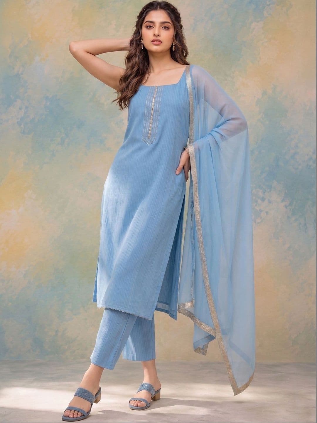 AADVIKA Scoop Neck Straight Kurta With Trousers & Dupatta thumbnail 7