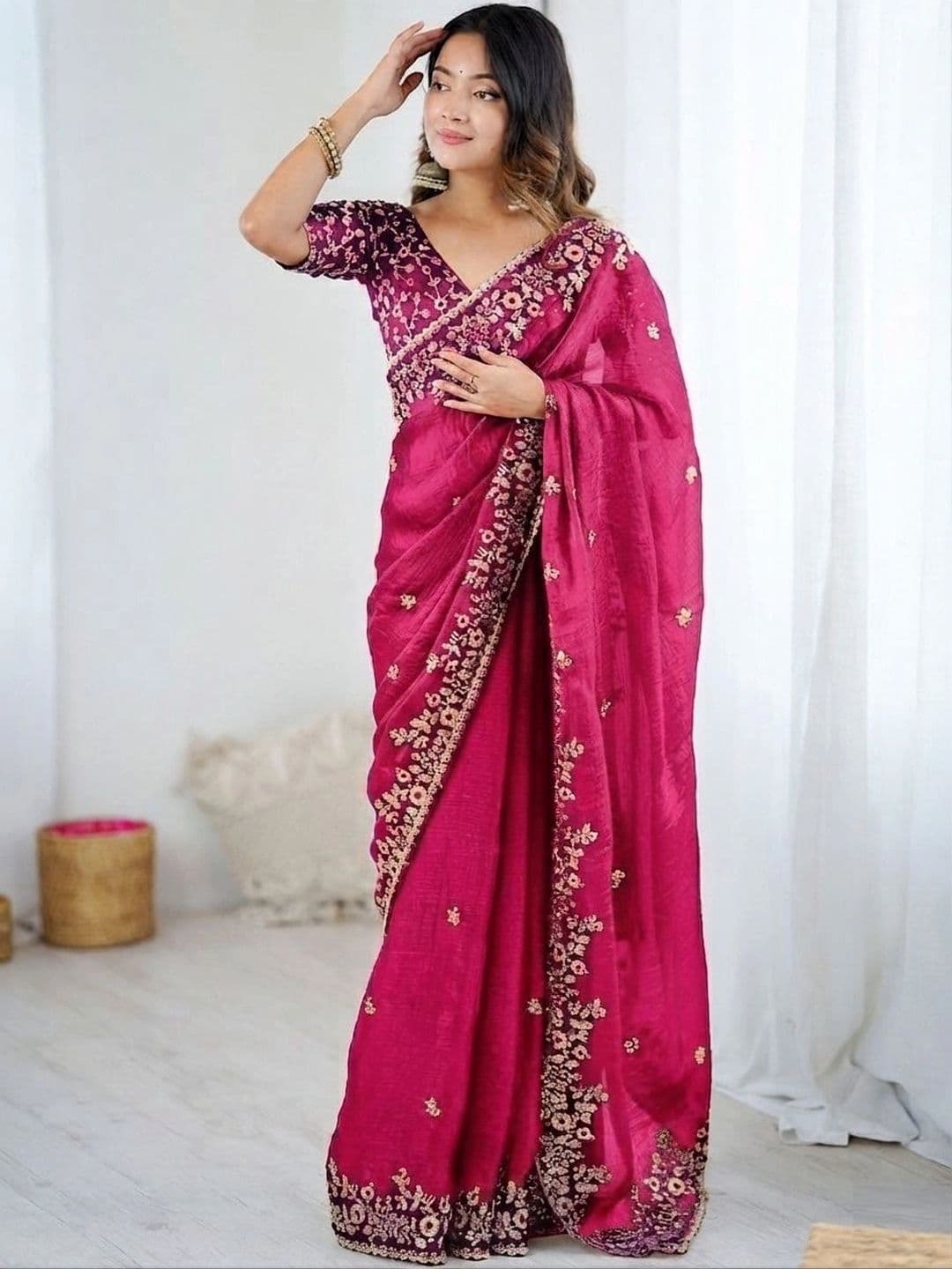CLEMIRA Floral Embroidered Art Silk Heavy Work Saree - view 1