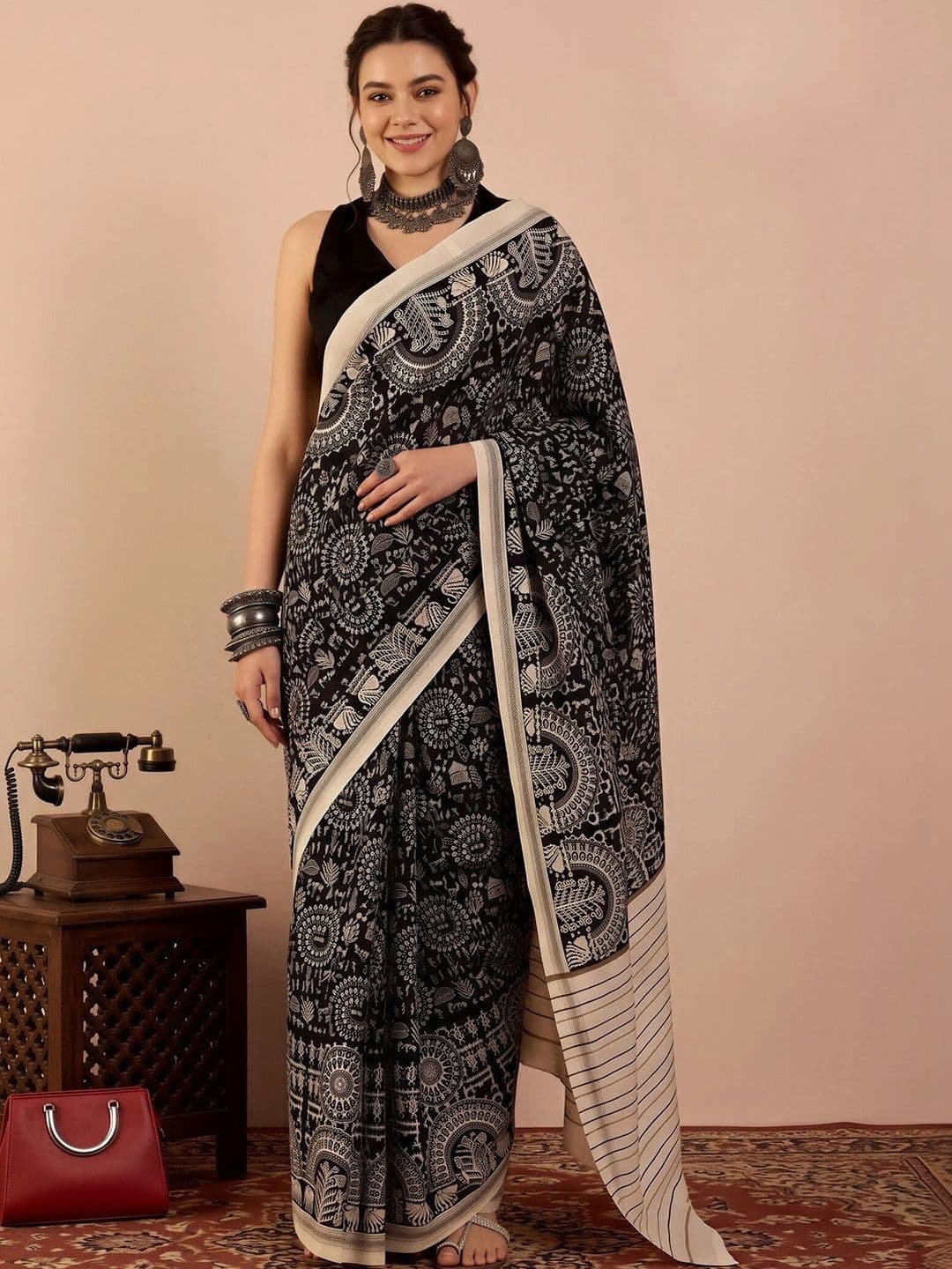 Anouk Ethnic Motifs Silk Blend Designer Block Print Saree - view 1