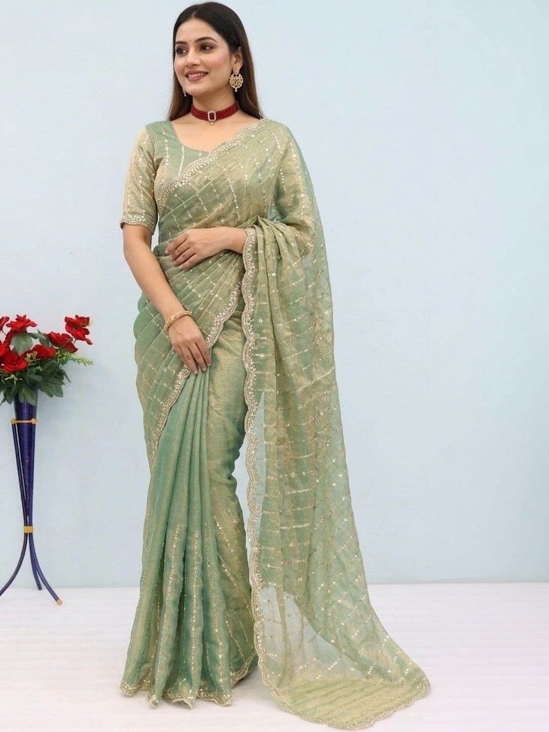 SmileyFashion Embellished Sequinned Poly Chiffon Designer Saree - view 1