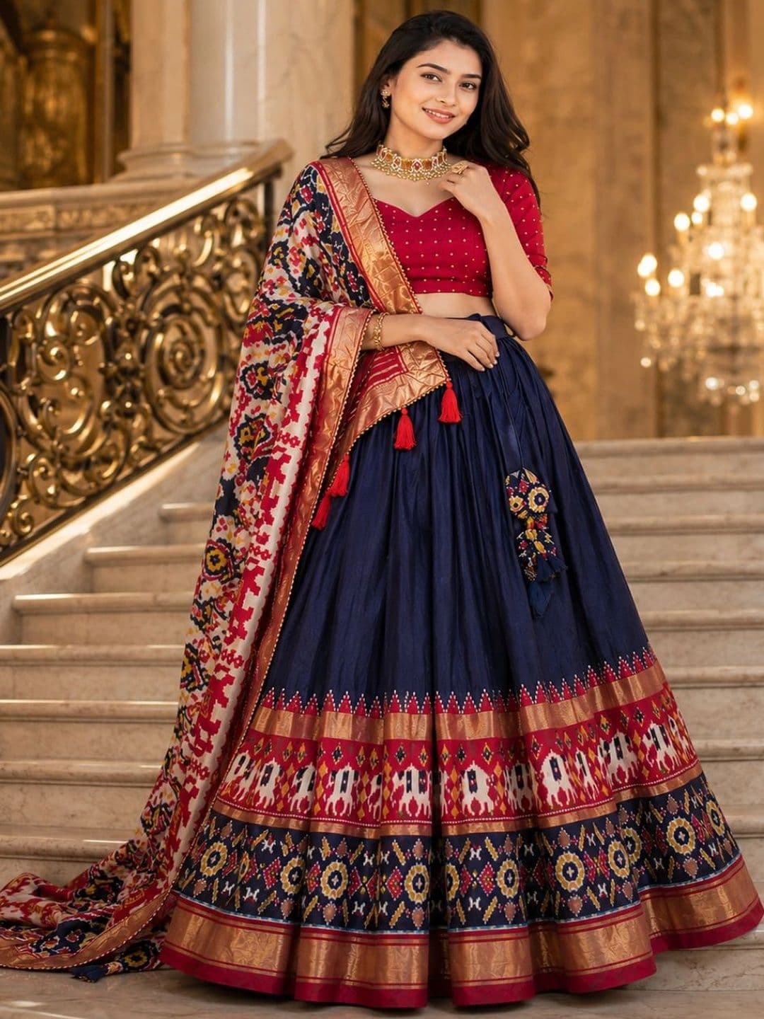 House of Pataudi Embellished Ikat Semi-Stitched Lehenga & Unstitched Blouse With Dupatta thumbnail 5