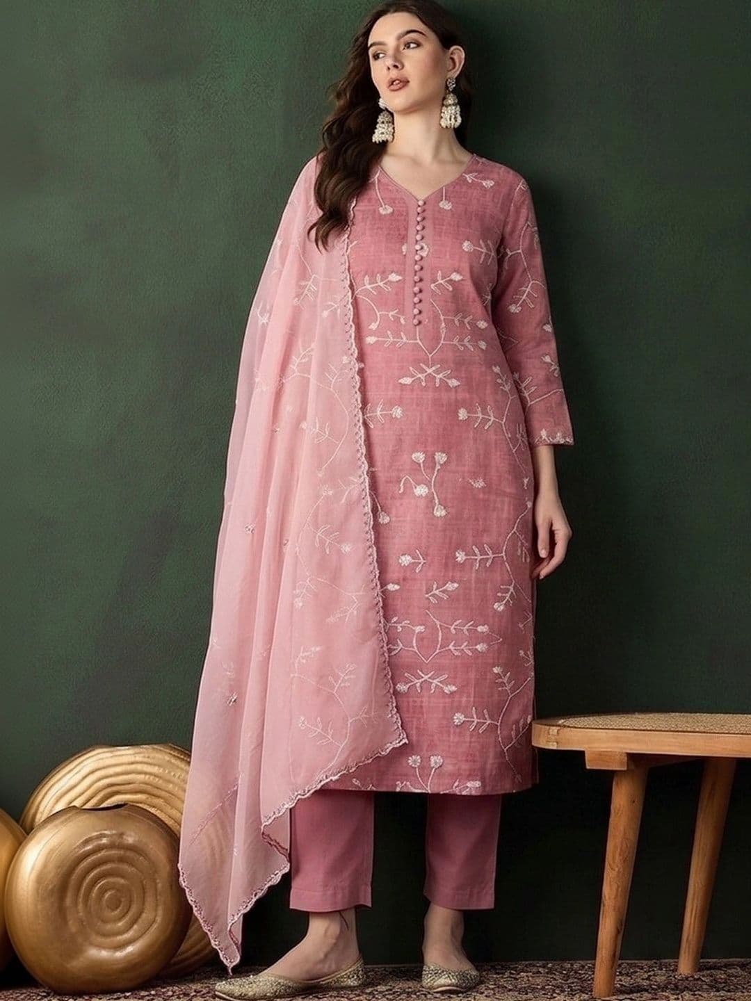 Sangria Women Floral Embroidered Regular Thread Work Kurta with Trousers & With Dupatta thumbnail 7