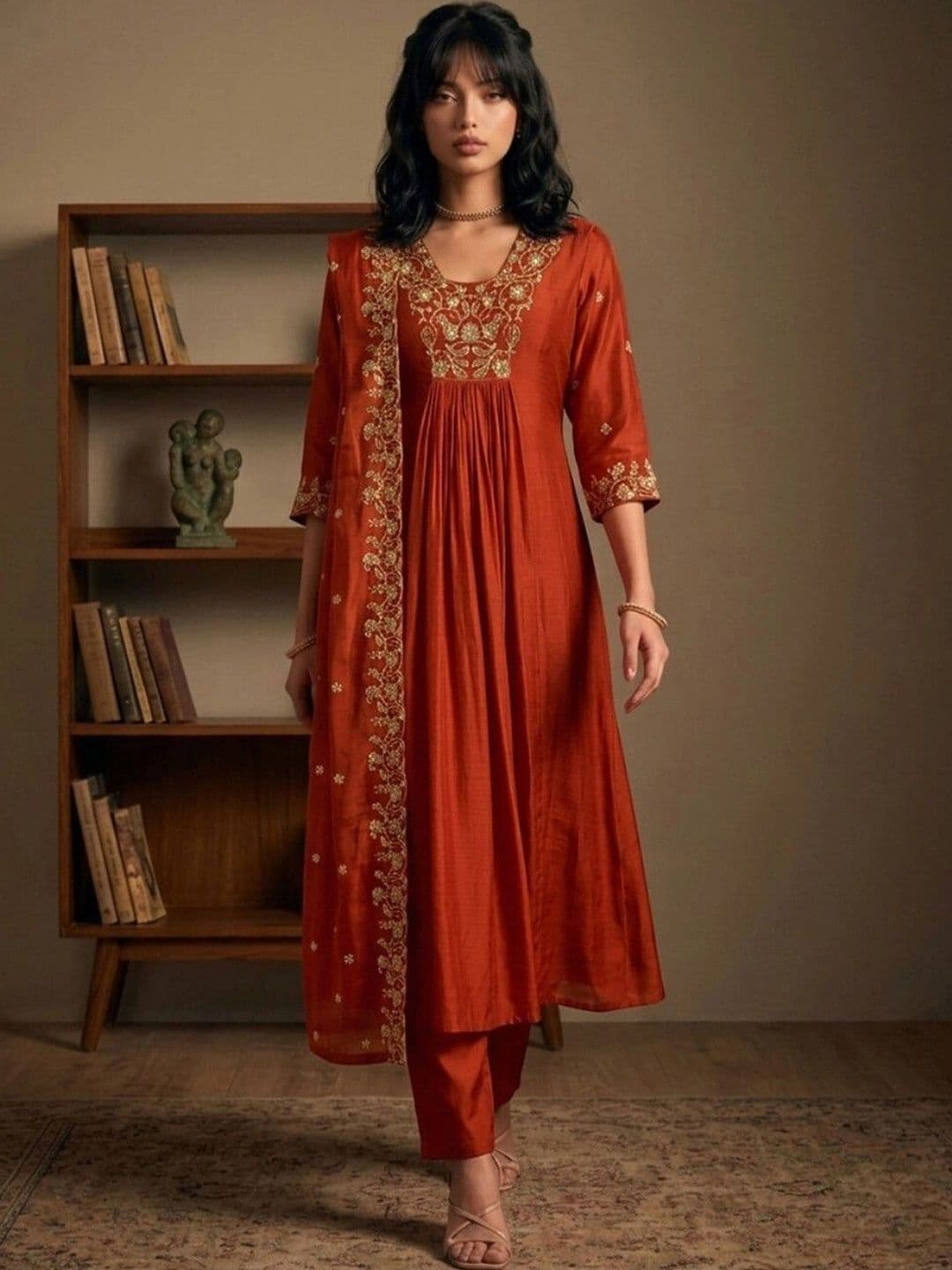 DRIP CHOWK Women Floral Embroidered Empire Thread Work Kurta with Trousers & With Dupatta thumbnail 4