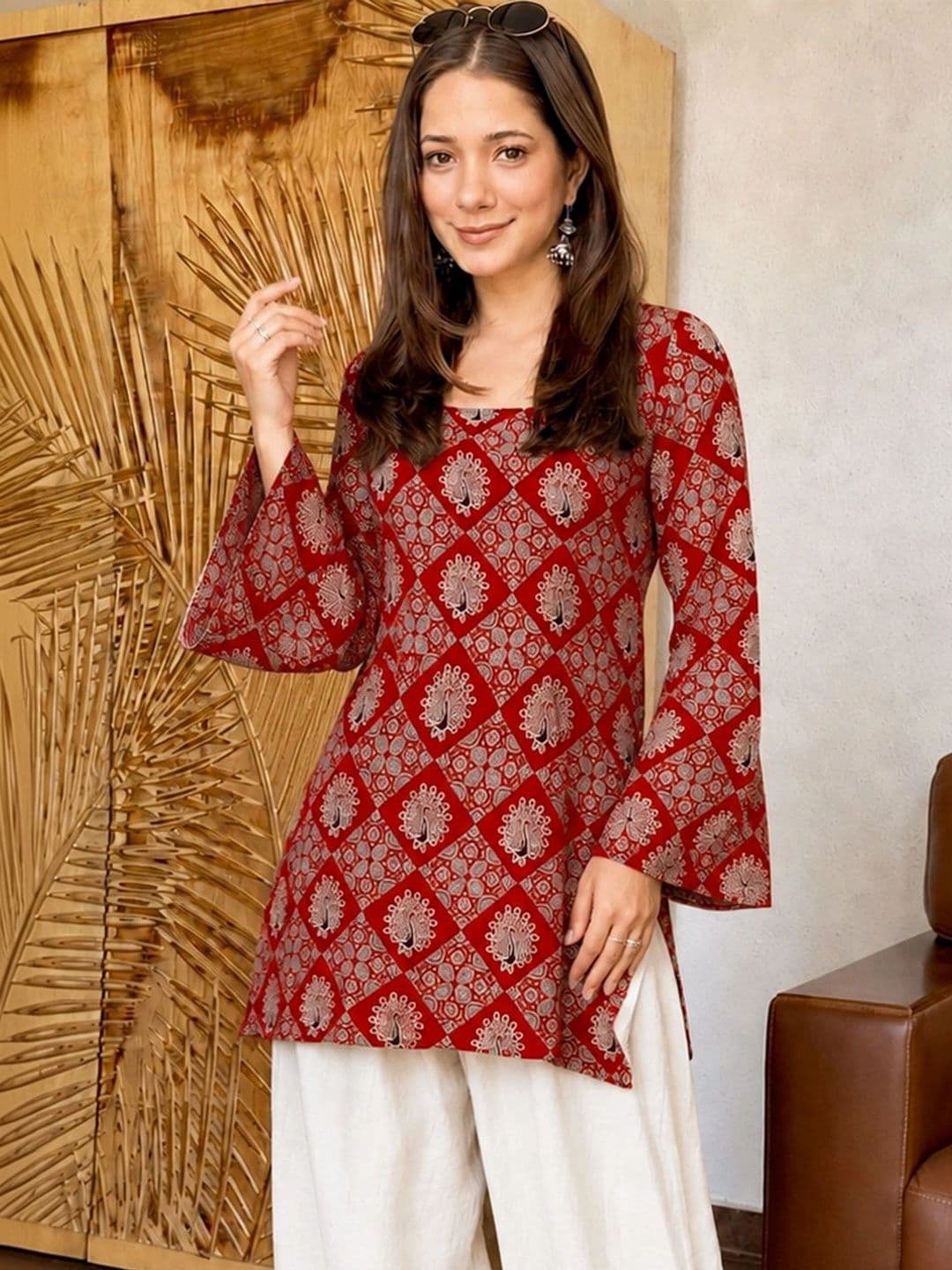Sangria Ethnic Motifs Printed Boat Neck Flared Sleeves Kurti thumbnail 2