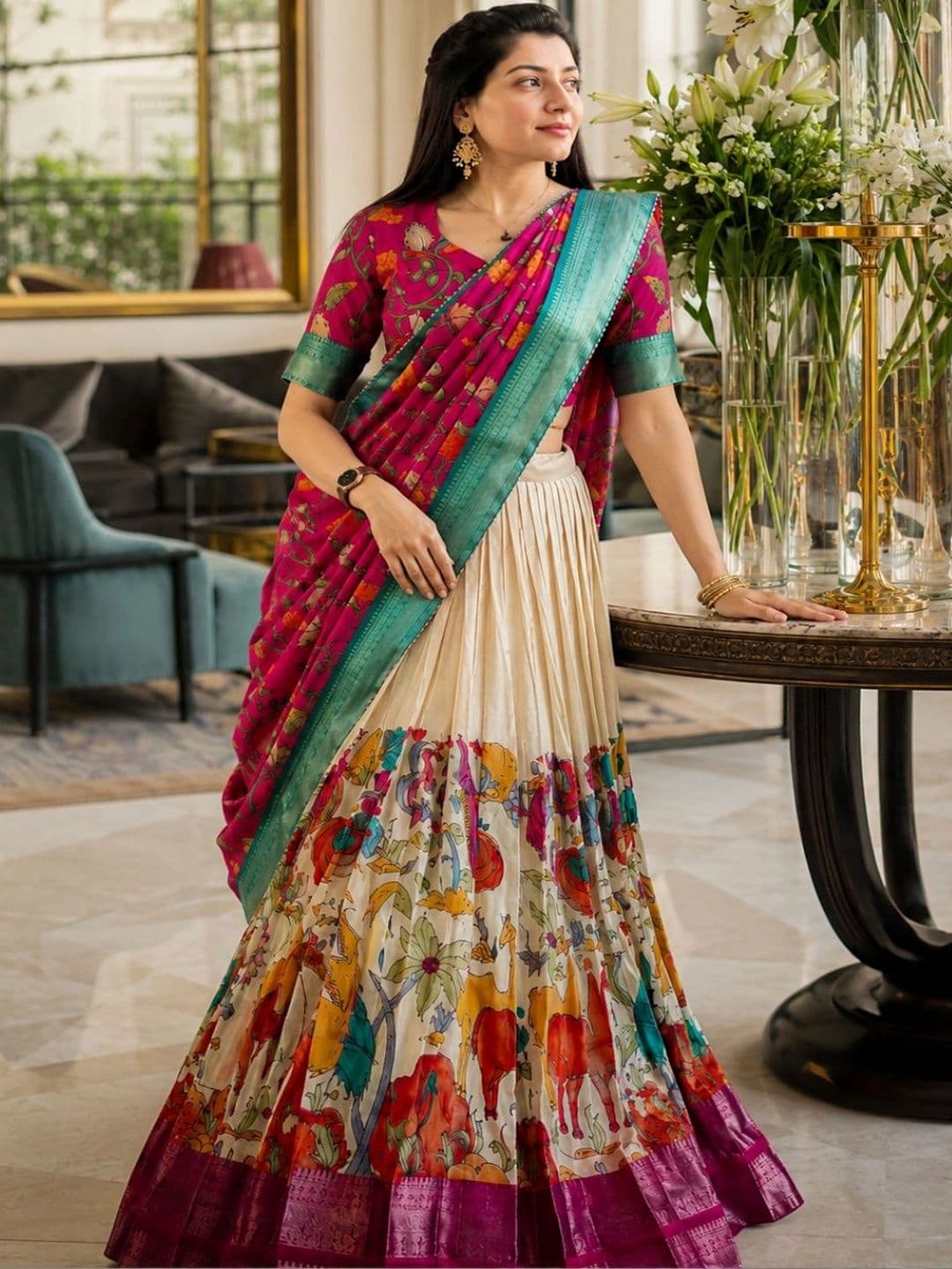 House of Pataudi Printed Semi-Stitched Lehenga & Unstitched Blouse With Dupatta thumbnail 3