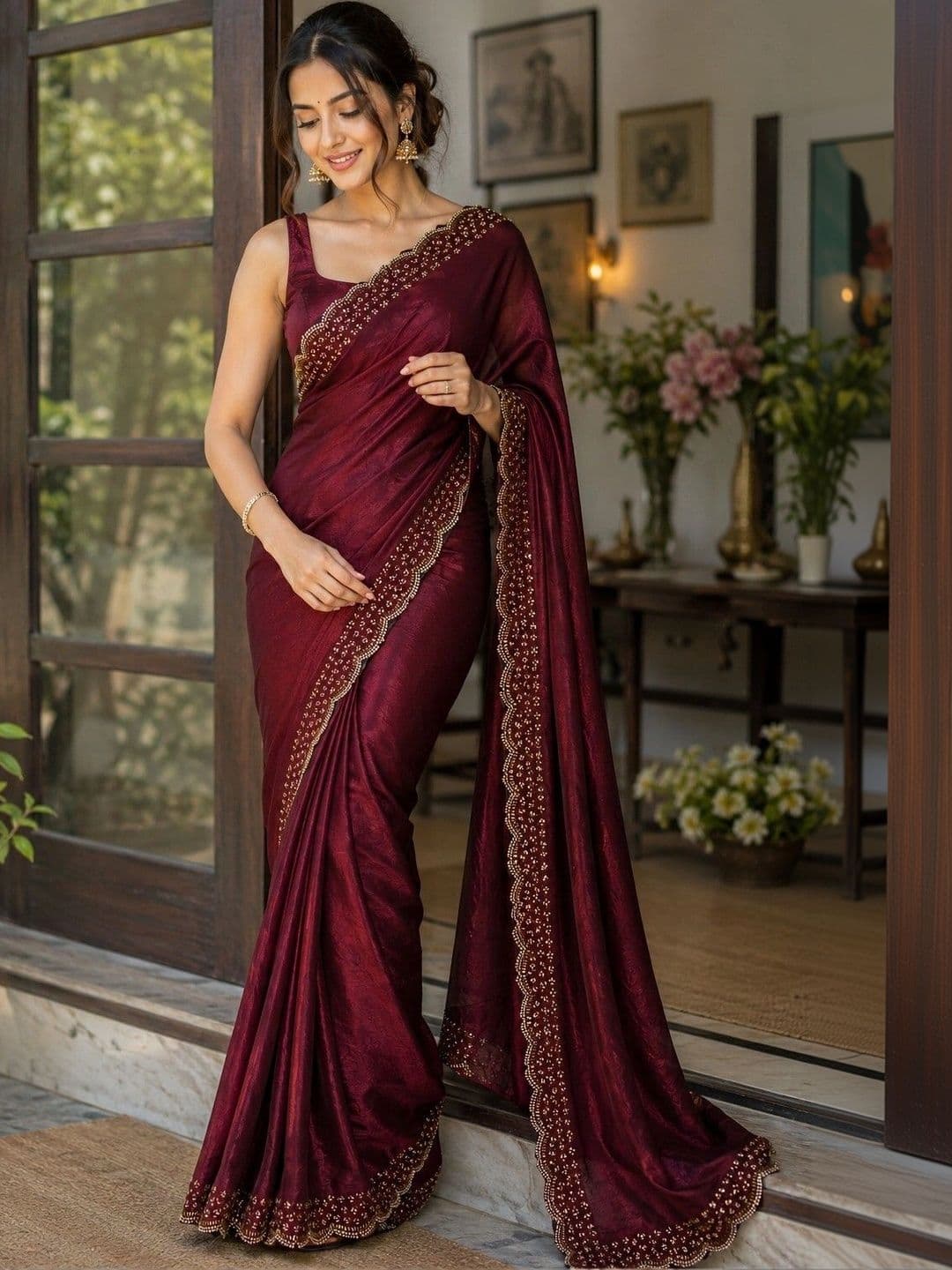 shreevali creation Embellished Embroidered Satin Saree thumbnail 2