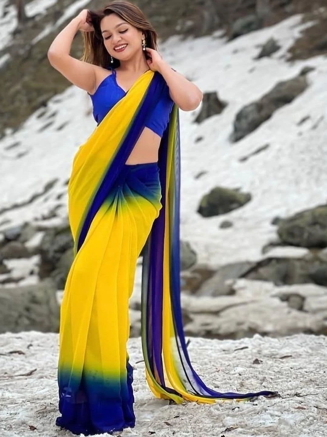 ANJAVI FASHION Ombre Poly Georgette Fusion Saree thumbnail 3