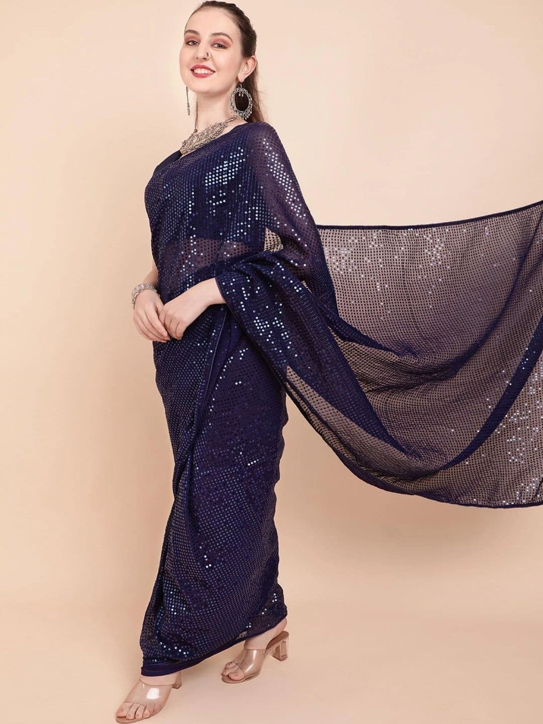 SZN Embellished Sequinned Pure Georgette Designer Saree thumbnail 3