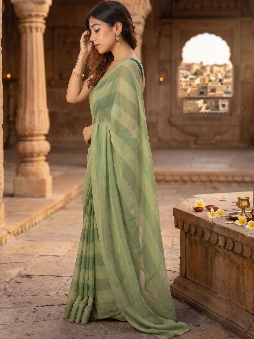 RUTVA FASHION Striped Zari Linen Blend Saree thumbnail 4