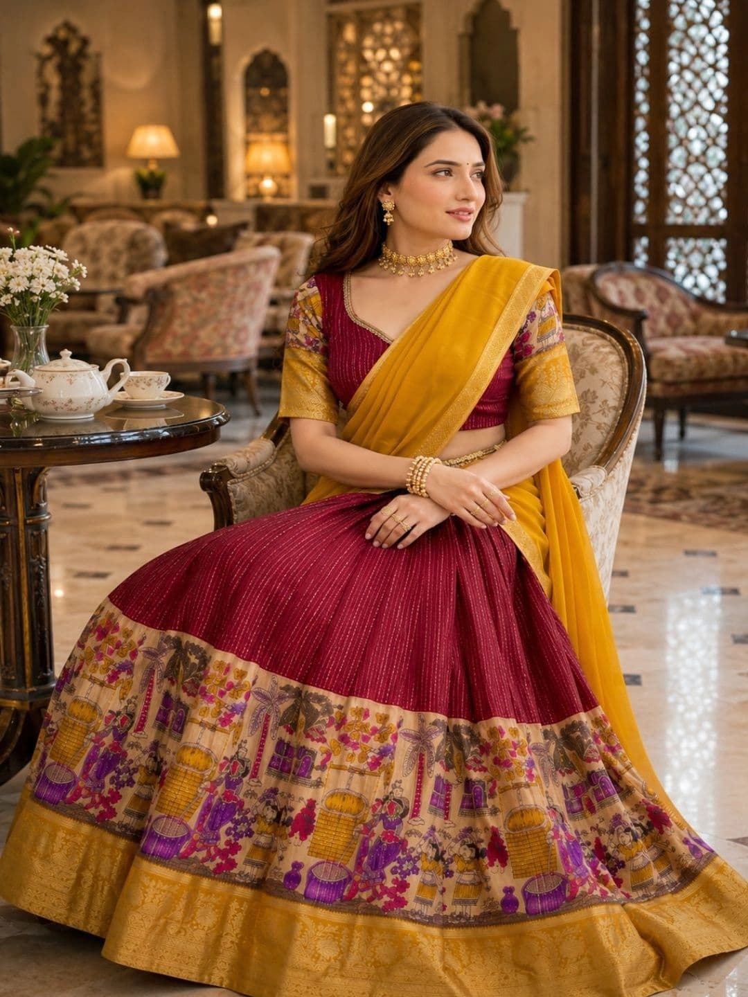 House of Pataudi Embroidered Semi-Stitched Lehenga & Unstitched Blouse With Dupatta thumbnail 3