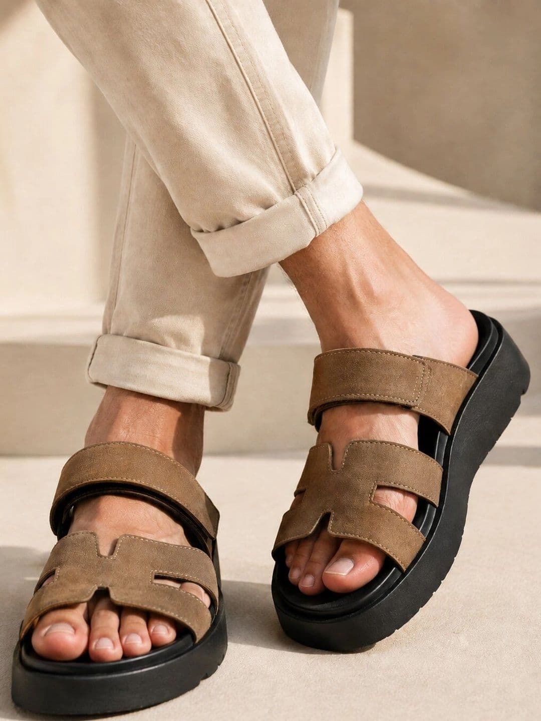 San Frissco Men Beige Casual Wide Strap Sandals with Cushioned Footbed and Chunky Sole - view 1