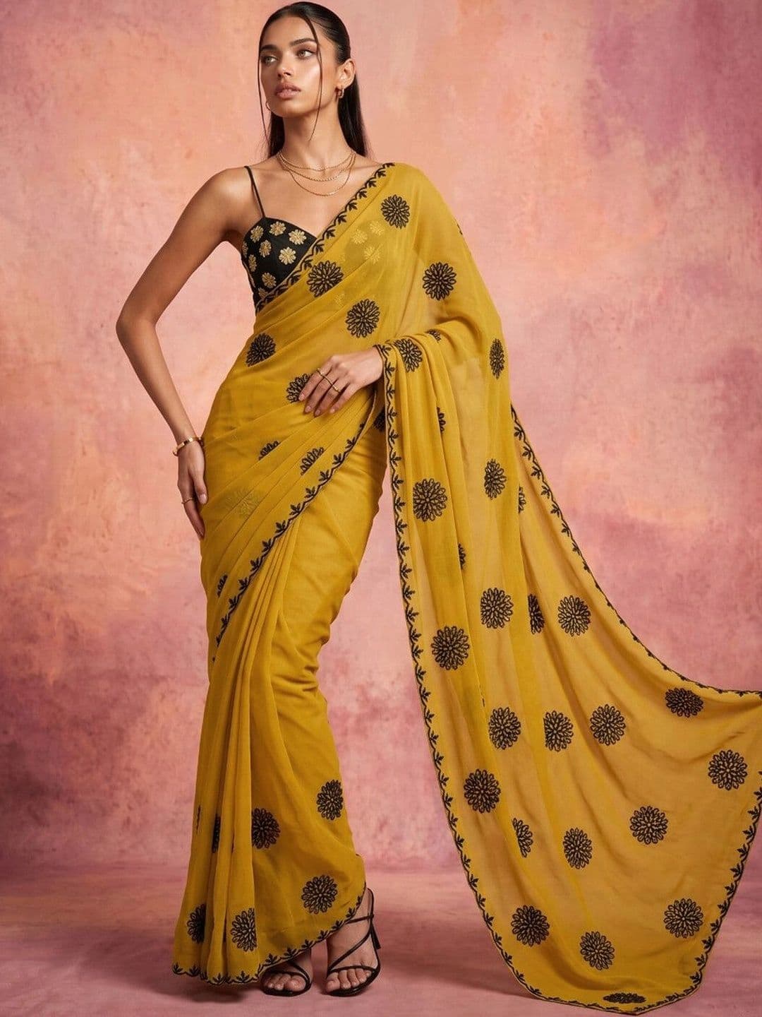 KINDA DESI Ethnic Motifs Embroidered Poly Georgette Fusion Saree - view 1